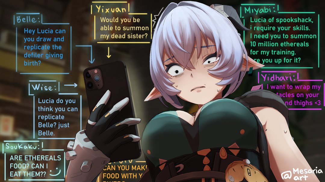 lucia elowen, zenless zone zero, 1girl, accessories, cellphone, chat log, disturbed, emoji, english text, goat, goat girl, goat horns, holding, holding phone, horns, looking at phone, mesaria art, mole, mole on shoulder, phone, smartphone, solo, text messaging, traumatized