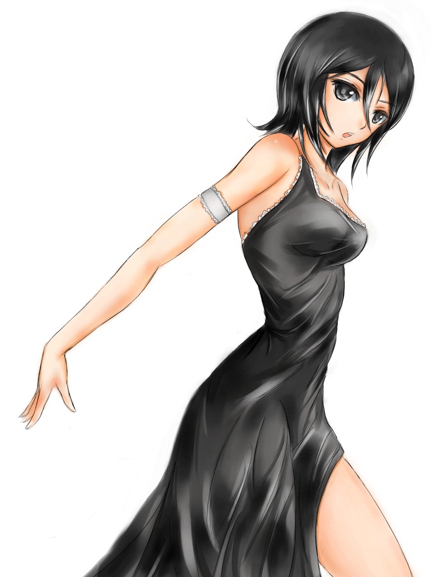 demonk, kuchiki rukia, bleach, alternate breast size, 00s, 1girl, armband, black eyes, black hair, breasts, cowboy shot, dress, eyelashes, female focus, hair between eyes, simple background, skin tight, solo, white background
