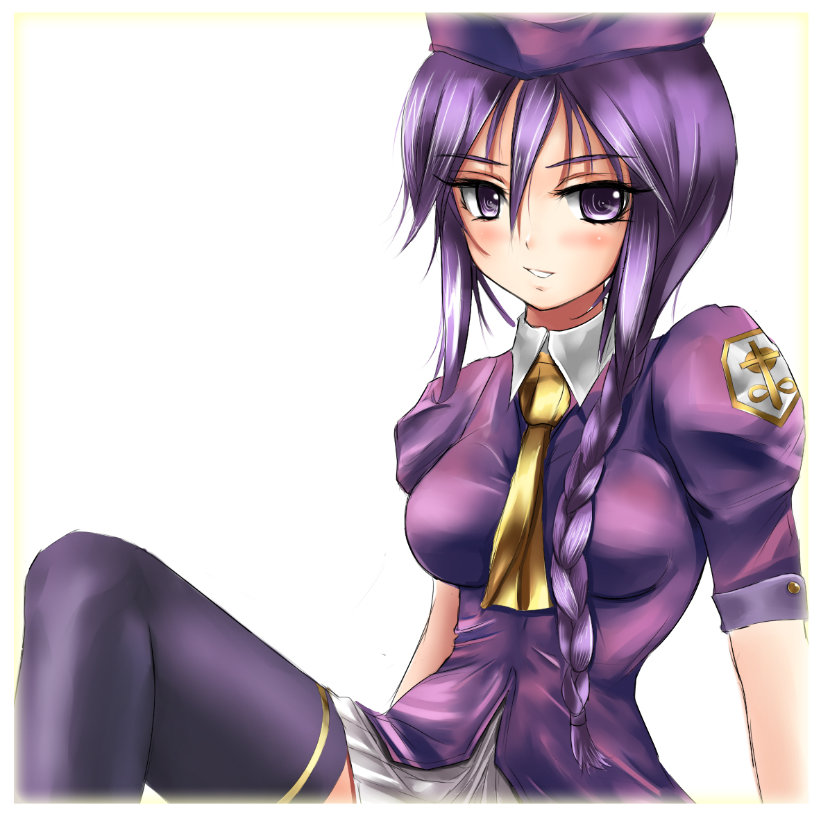 demonk, sion eltnam (type-moon), sion eltnam atlasia, melty blood, tsukihime, type-moon, 00s, 1girl, braid, female focus, hair over shoulder, hat, long hair, miniskirt, necktie, purple eyes, purple hair, single braid, skirt, smile, solo, thighhighs, zettai ryouiki