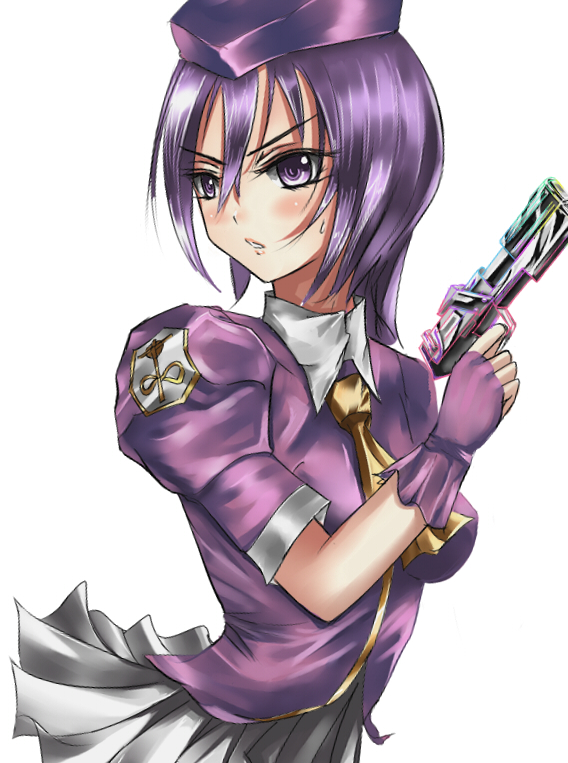 demonk, sion eltnam (type-moon), sion eltnam atlasia, melty blood, tsukihime, type-moon, bad id, bad pixiv id, 00s, braid, fingerless gloves, gloves, gun, handgun, hat, long hair, miniskirt, necktie, pistol, purple eyes, purple hair, single braid, skirt, solo, weapon