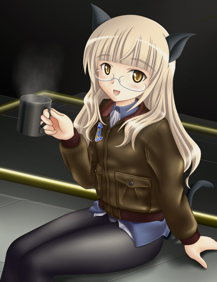 mushoku no hourousha, perrine h. clostermann, strike witches, world witches series, uniform, 00s, 1girl, animal ears, blonde hair, bomber jacket, cat ears, cat tail, crotch seam, cup, female focus, glasses, jacket, long hair, mug, panties, panties under pantyhose, pantyhose, sitting, solo, tail, underwear, yellow eyes