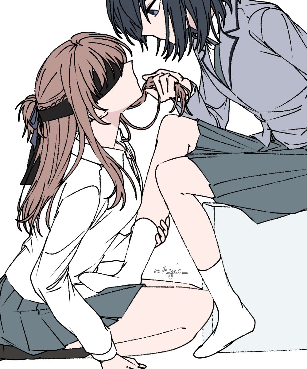a jak, miyagi shiori, sendai hazuki, shuuniichido classmate wo kau hanashi, highres, 2girls, black hair, black socks, blindfold, blue eyes, blue ribbon, braid, brown hair, grey jacket, grey skirt, hair ribbon, half up braid, holding another's hair, jacket, kneehighs, long hair, long sleeves, medium hair, multiple girls, no shoes, pleated skirt, ribbon, school uniform, shirt, sidelocks, simple background, skirt, socks, white background, white shirt, white socks, yuri
