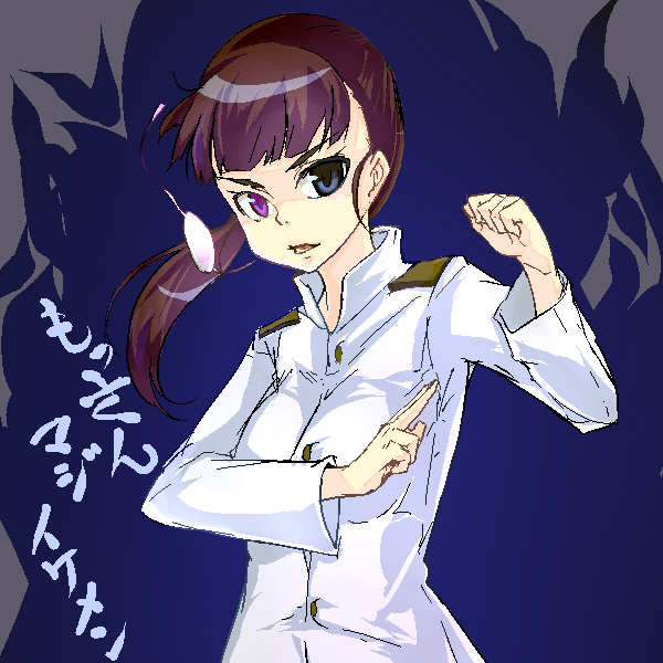 mune, sakamoto mio, strike witches, world witches series, uniform, translated, 00s, 1girl, blue eyes, brown hair, eyepatch, female focus, heterochromia, long hair, ponytail, solo