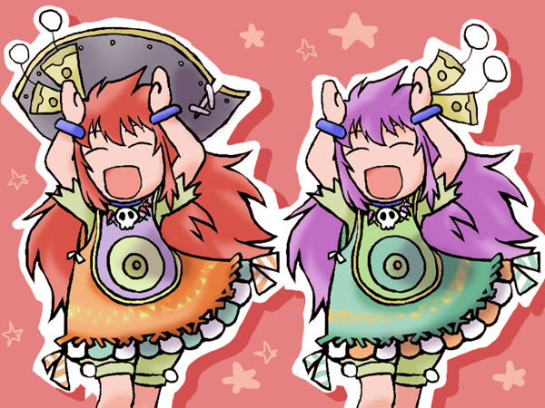 fuju, march (trusty bell), salsa, salsa (trusty bell), trusty bell, bad id, bad pixiv id, caramelldansen, closed eyes, hat, open mouth, purple hair, red hair, siblings, sisters