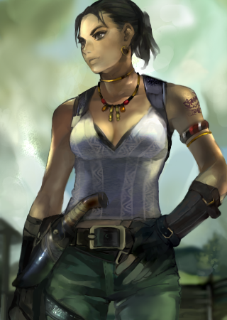 rarara, sheva alomar, capcom, resident evil, resident evil 5, bad id, bad pixiv id, lowres, 1girl, belt, black hair, bracelet, breasts, dark-skinned female, dark skin, earrings, female focus, fingerless gloves, gloves, headset, jewelry, knife, large breasts, necklace, ponytail, solo, tank top, tattoo