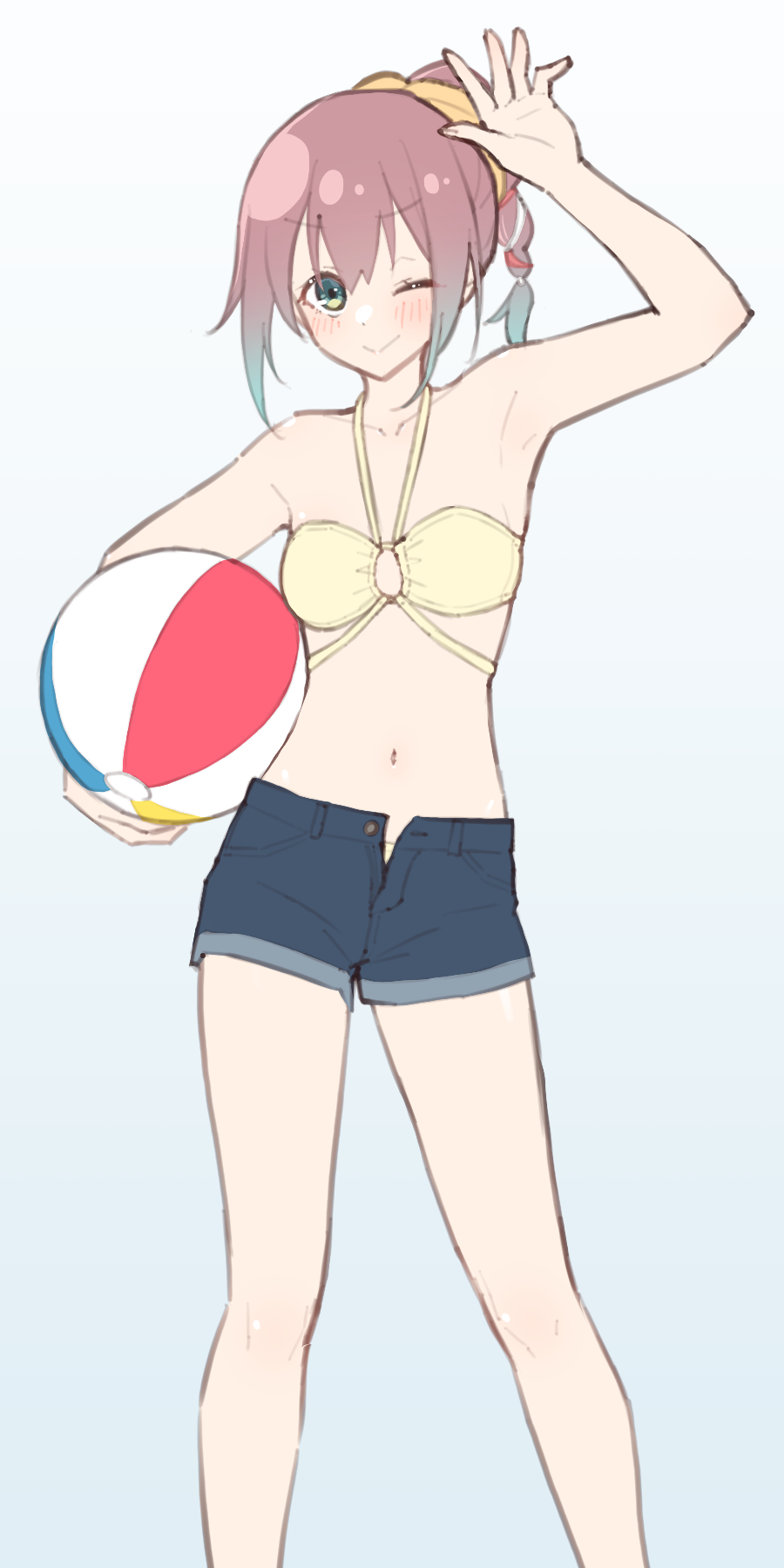 mukai rinjin, original, commentary request, highres, 1girl, arm up, ball, beachball, bikini, bikini bottom under shorts, bikini under clothes, blue shorts, blush, brown hair, closed mouth, collarbone, denim, denim shorts, feet out of frame, gradient background, gradient hair, green eyes, grey background, hair between eyes, hair ribbon, holding, holding ball, holding beachball, legs apart, long bangs, medium hair, multicolored hair, navel, one eye closed, open clothes, open fly, open shorts, ponytail, ribbon, short shorts, shorts, smile, solo, standing, stomach, swimsuit, yellow bikini, yellow ribbon