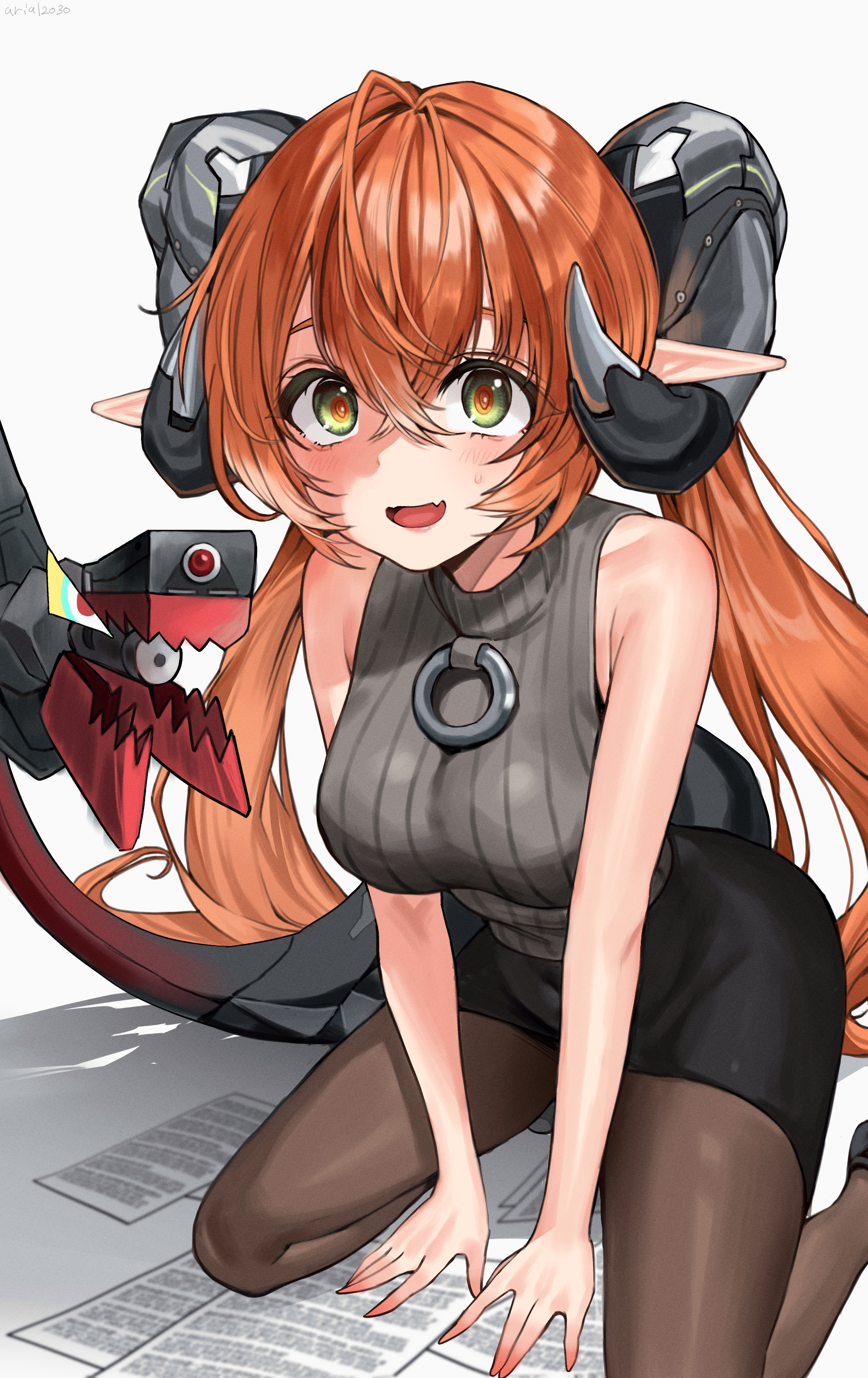 kangi nako, magus (zenless zone zero), orphie magnusson, zenless zone zero, absurdres, highres, 1girl, alternate costume, armpit crease, black pantyhose, black shirt, black skirt, breasts, dragon girl, dragon horns, green eyes, horns, large breasts, long hair, looking at viewer, mechanical horns, mechanical tail, office lady, open mouth, orange hair, orange pupils, pantyhose, paper, pencil skirt, pointy ears, scattered paper, shadow, shirt, sitting, skirt, sleeveless, sleeveless turtleneck, solo, sweatdrop, tail, turtleneck, twintails, wariza, white background