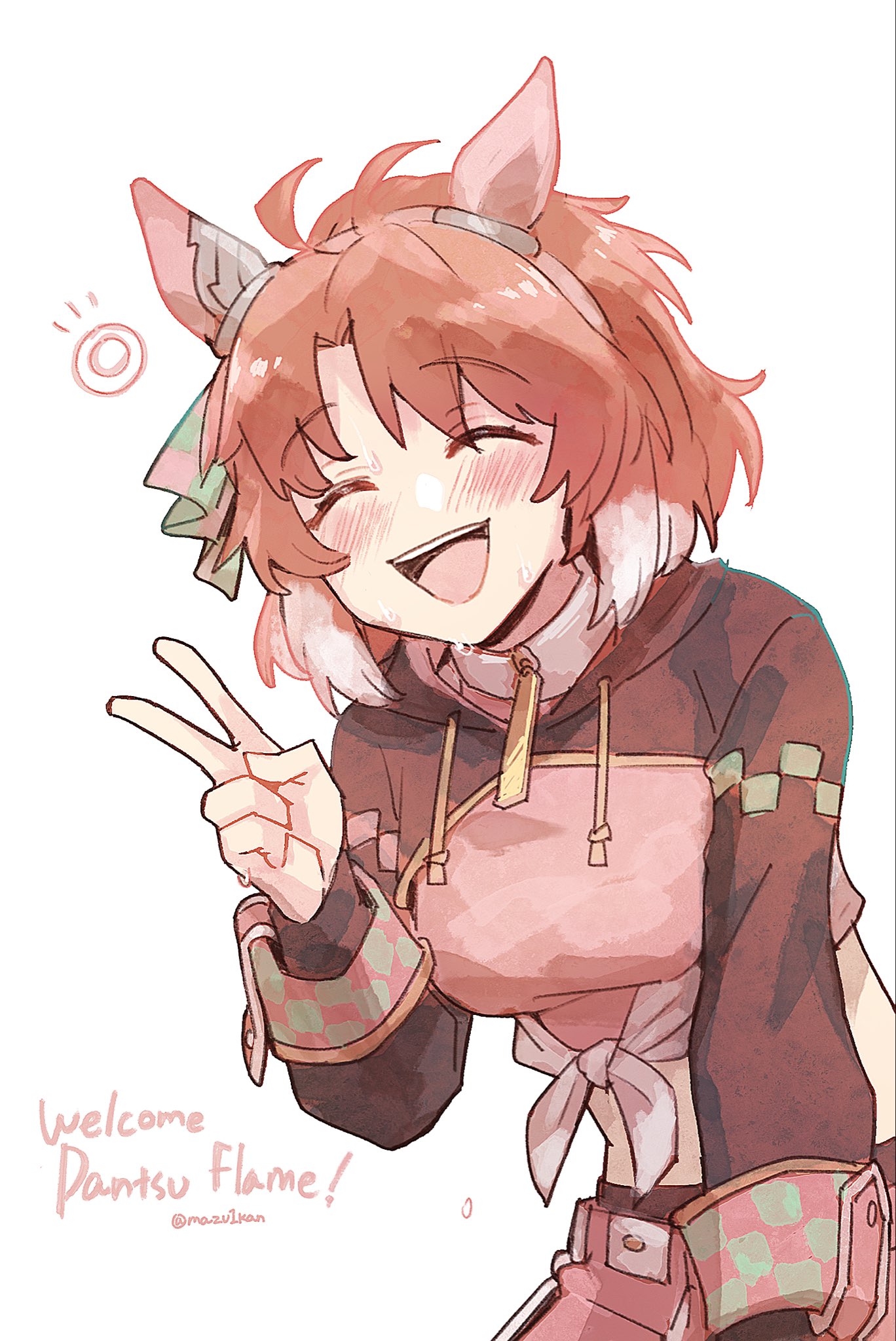 mazu1kan, dantsu flame (umamusume), umamusume, highres, 1girl, :d, ^ ^, animal ears, black jacket, breasts, brown hair, checkered ribbon, closed eyes, colored tips, dantsu flame (center spotlight) (umamusume), ear covers, english text, facing viewer, green ribbon, horse ears, horse girl, jacket, leaning forward, long hair, medium breasts, medium hair, midriff, multicolored hair, open mouth, pink ribbon, pink shorts, ribbon, shorts, smile, solo, tied jacket, under table, very long hair, white hair