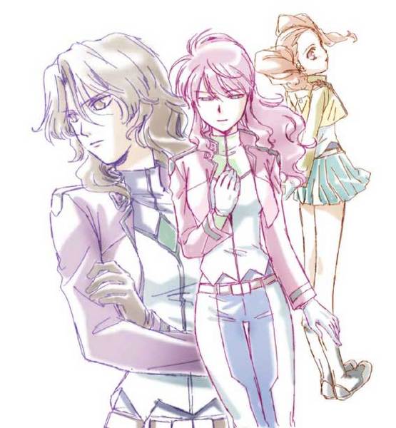 feldt grace, mileina vashti, sumeragi lee noriega, gundam, gundam 00, uniform, 00s, brown hair, jacket, long hair, pink hair, ponytail, skirt, twintails