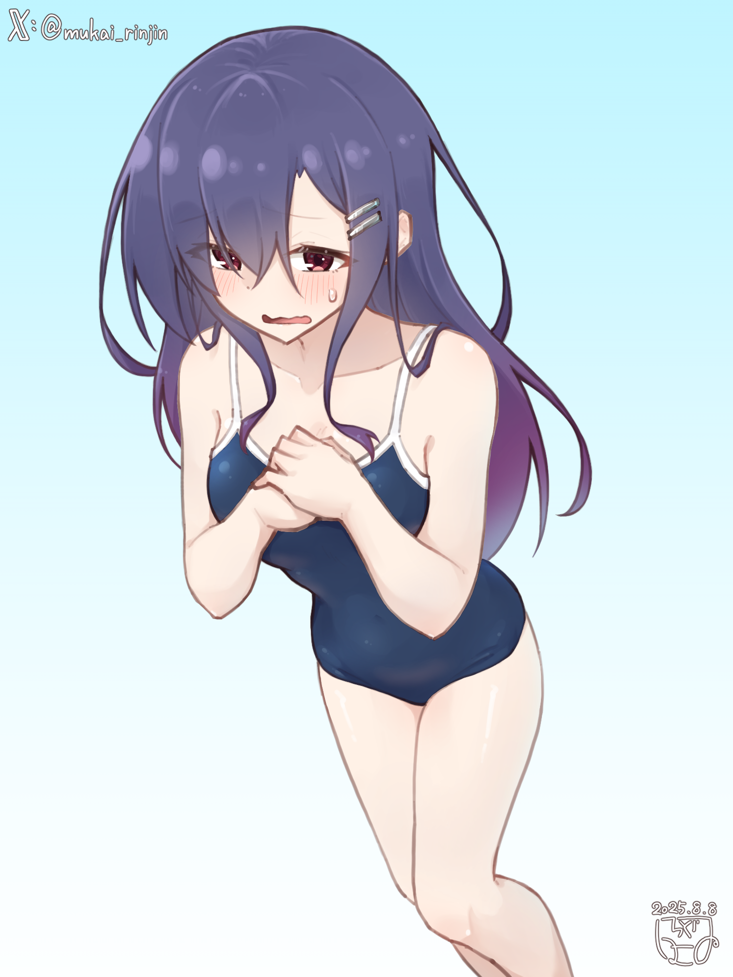mukai rinjin, original, commentary request, highres, 1girl, blue one-piece swimsuit, blush, collarbone, covered navel, dated, embarrassed, feet out of frame, from above, gradient background, hair between eyes, hair ornament, hairclip, long bangs, long hair, one-piece swimsuit, open mouth, own hands together, parallel hairclips, pink eyes, purple hair, raised inner eyebrows, solo, standing, sweat, swimsuit, twitter username, wavy mouth