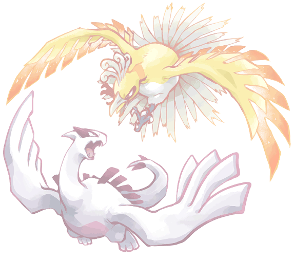k (kuri), ho-oh, lugia, nintendo, pokemon, commentary request, alternate color, animal focus, bird, fangs, full body, gen 2 pokemon, legendary pokemon, no humans, open mouth, pokemon (creature), pokemon focus, shiny pokemon, simple background, v-shaped eyes, white background