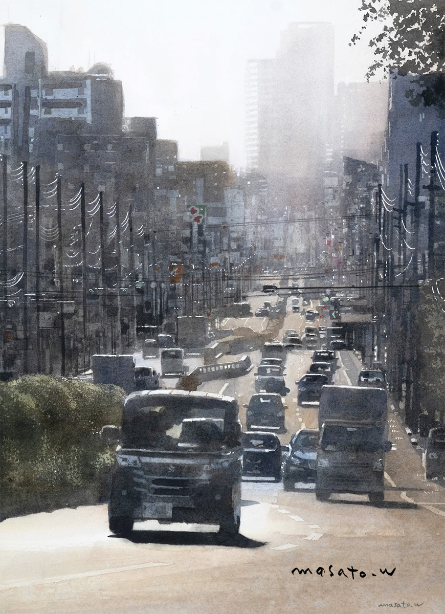 watanabe masato, original, suzuki (company), highres, painting (medium), traditional media, watercolor (medium), artist name, box truck, building, car, city, day, hedge, highway, motor vehicle, multi-lane road, no humans, outdoors, plant, power lines, realistic, road, scenery, shadow, sunlight, traffic, truck, utility pole