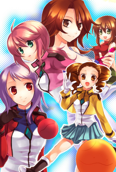 anew returner, christina sierra, feldt grace, haro, mileina vashti, sumeragi lee noriega, gundam, gundam 00, 00s, 5girls, brown eyes, brown hair, green eyes, long hair, multiple girls, pink hair, ponytail, purple hair, skirt, smile, twintails