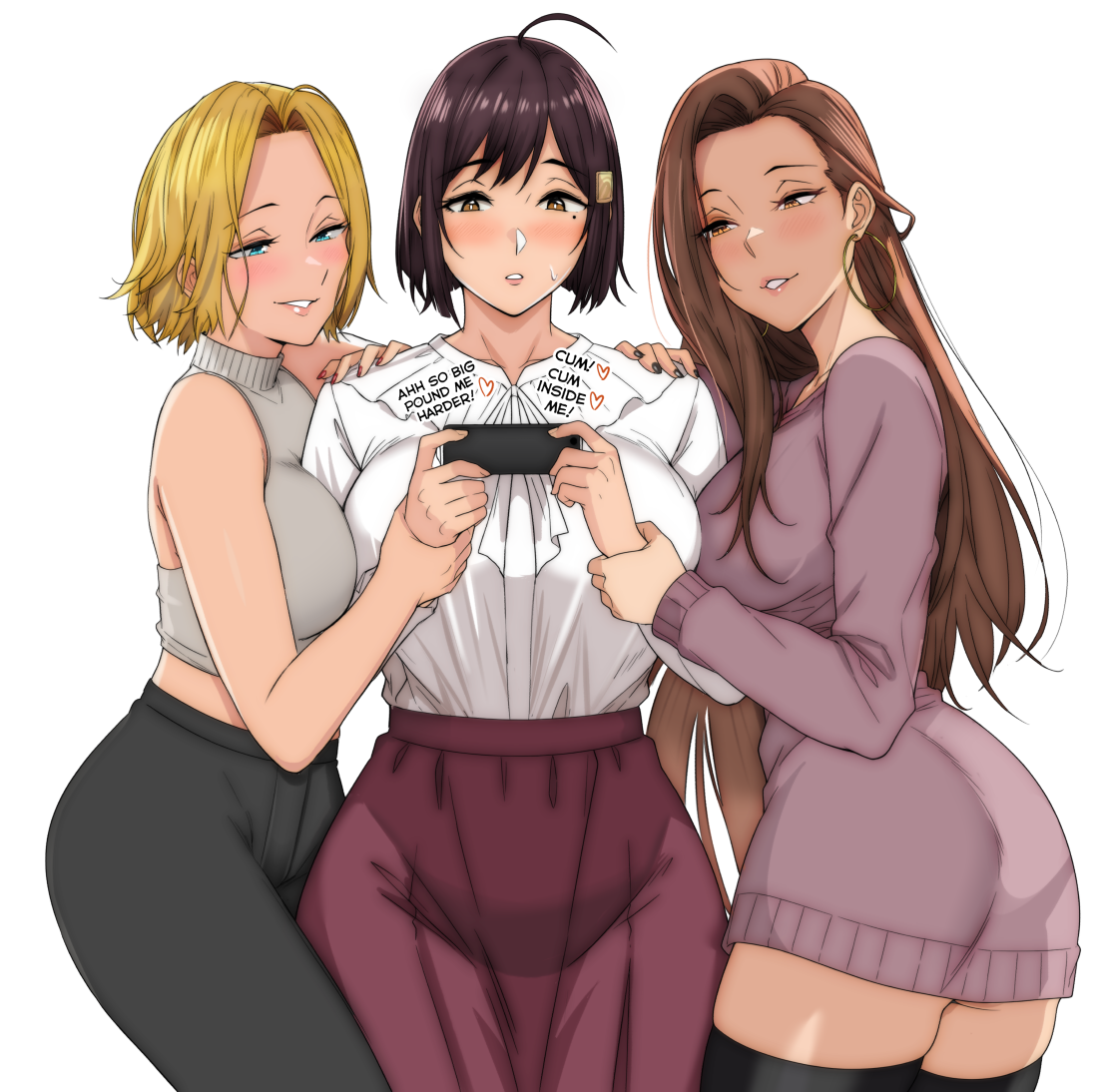 jamjamstyle, hamazaki reina, hamazaki risa, imaizumi's mother, imaizumin-chi wa douyara gal no tamariba ni natteru rashii, commentary, commission, english commentary, bare shoulders, breasts, brown eyes, brown hair, collarbone, earrings, holding, indoors, jewelry, large breasts, long hair, multiple girls, open mouth, shirt, short hair, smile, standing, white shirt