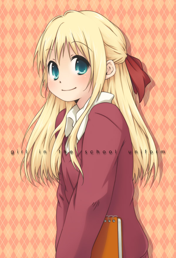 hinata (artist), magamoto, original, bad id, bad pixiv id, 1girl, aqua eyes, blonde hair, english text, female focus, green eyes, hair ribbon, long hair, notebook, ribbon, school uniform, solo