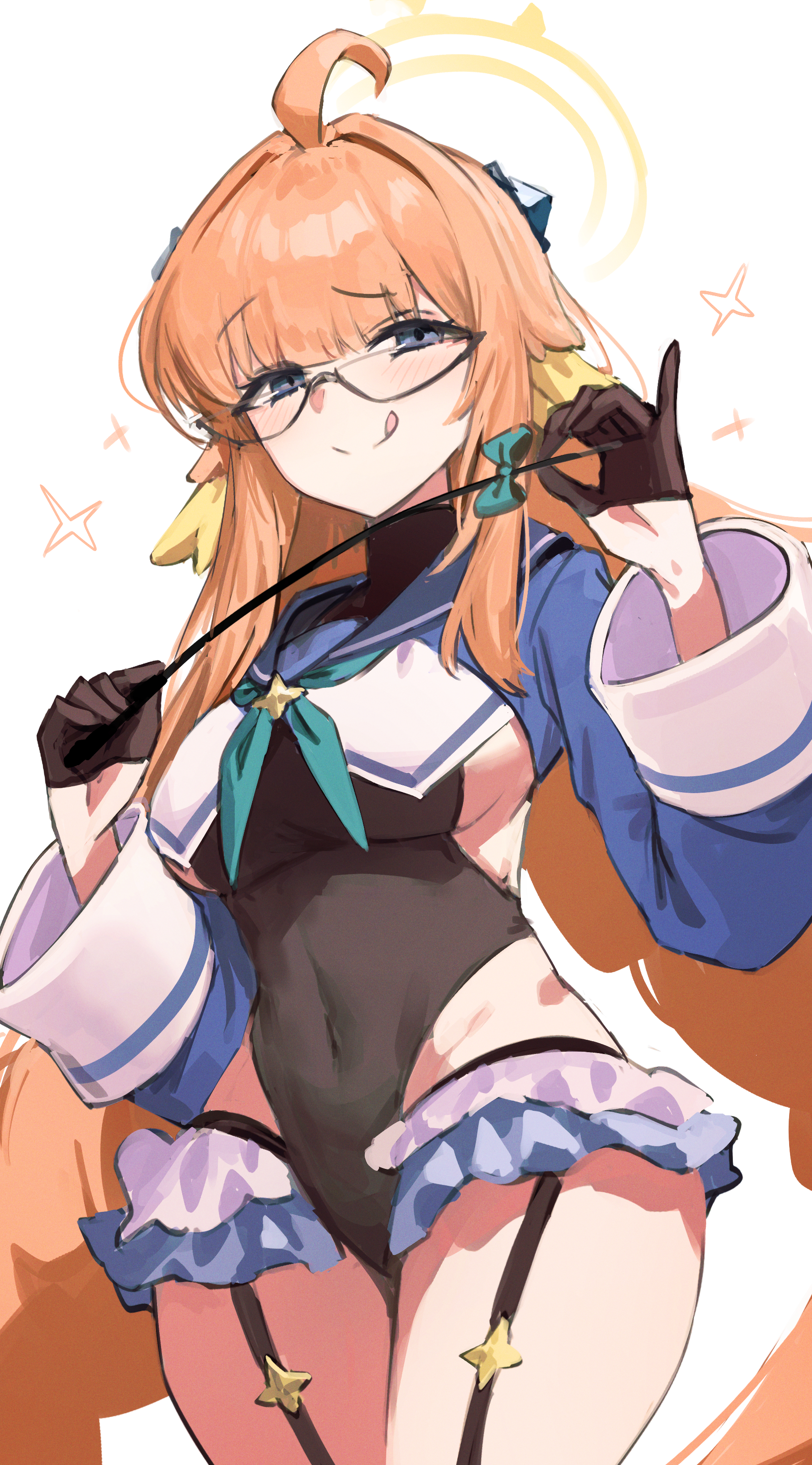 gabang, shimiko (blue archive), blue archive, absurdres, commentary, highres, 1girl, :q, ahoge, black-framed eyewear, black gloves, black leotard, blue eyes, breasts, covered navel, garter straps, glasses, gloves, half gloves, halo, leotard, long hair, long sleeves, looking at viewer, medium breasts, official alternate costume, orange hair, shimiko (magical) (blue archive), simple background, solo, tongue, tongue out, very long hair, white background, yellow halo