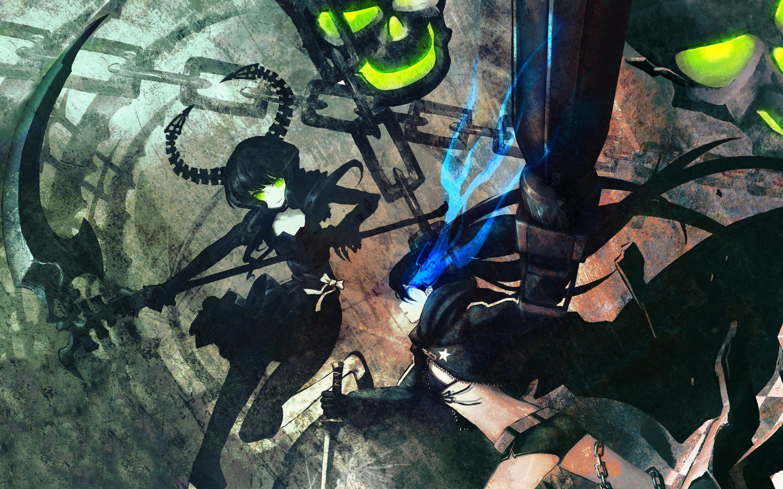 huke, black rock shooter (character), dead master, black rock shooter, vocaloid, highres, 10s, arm cannon, bikini, bikini top only, black dress, black hair, black leggings, blue eyes, cape, choker, dress, glowing, glowing eyes, green eyes, gun, hime cut, horns, leggings, pale skin, ribbon, scythe, shorts, skirt, skull, swimsuit, sword, weapon