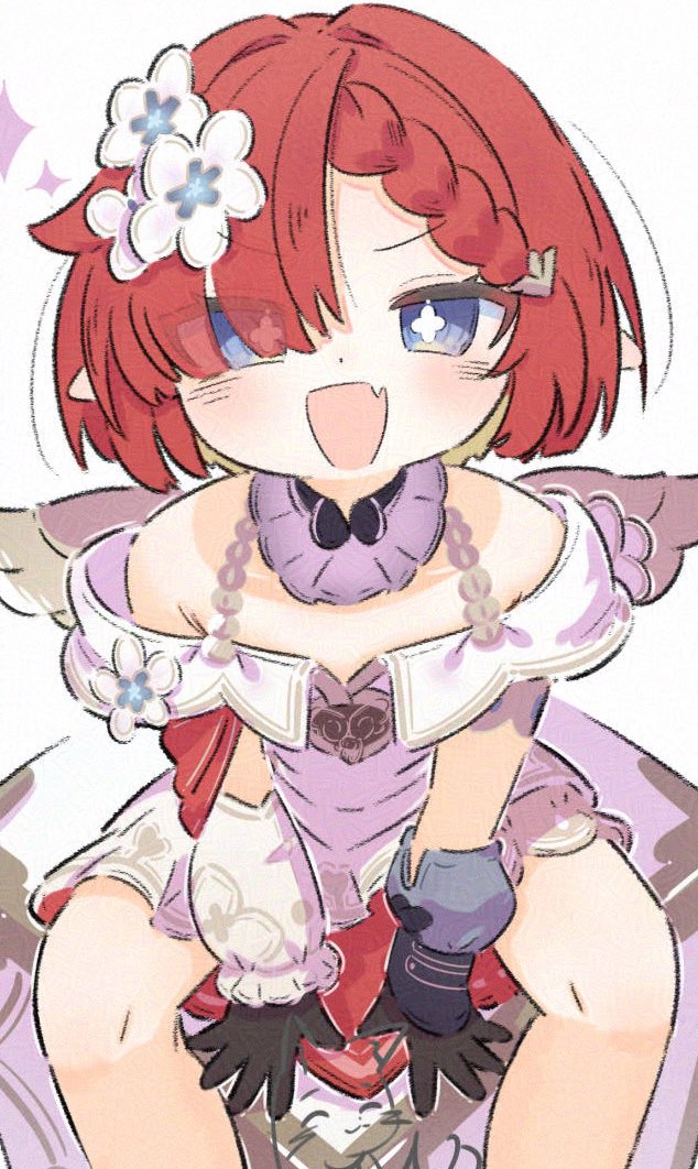 inaririn, trianne (honkai: star rail), honkai: star rail, honkai (series), commentary request, 1girl, angel wings, bare shoulders, black gloves, blue eyes, breasts, dress, fang, flower, gloves, hair flower, hair ornament, looking at viewer, open mouth, pointy ears, red hair, simple background, sitting, sitting on object, skin fang, small breasts, solo, star-shaped pupils, star (symbol), symbol-shaped pupils, white background, white dress, wings