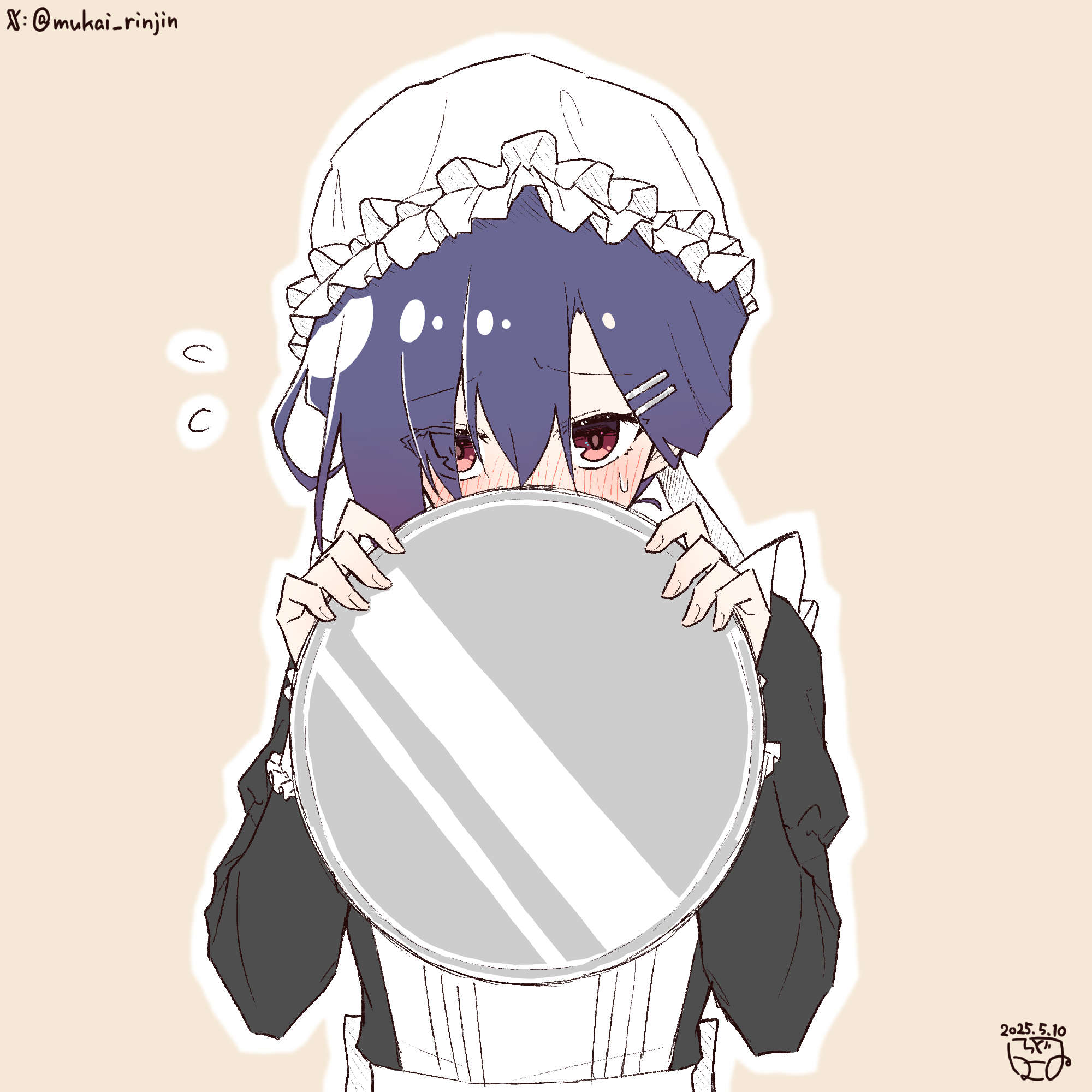 mukai rinjin, original, commentary request, highres, 1girl, apron, black dress, blush, brown background, covering own mouth, dated, dress, frilled hat, frills, hair between eyes, hands up, hat, holding, holding tray, long bangs, long sleeves, looking at viewer, maid, maid apron, mob cap, nose blush, outline, pink eyes, purple hair, raised inner eyebrows, simple background, solo, straight-on, sweat, tray, twitter username, upper body, white apron, white hat, white outline