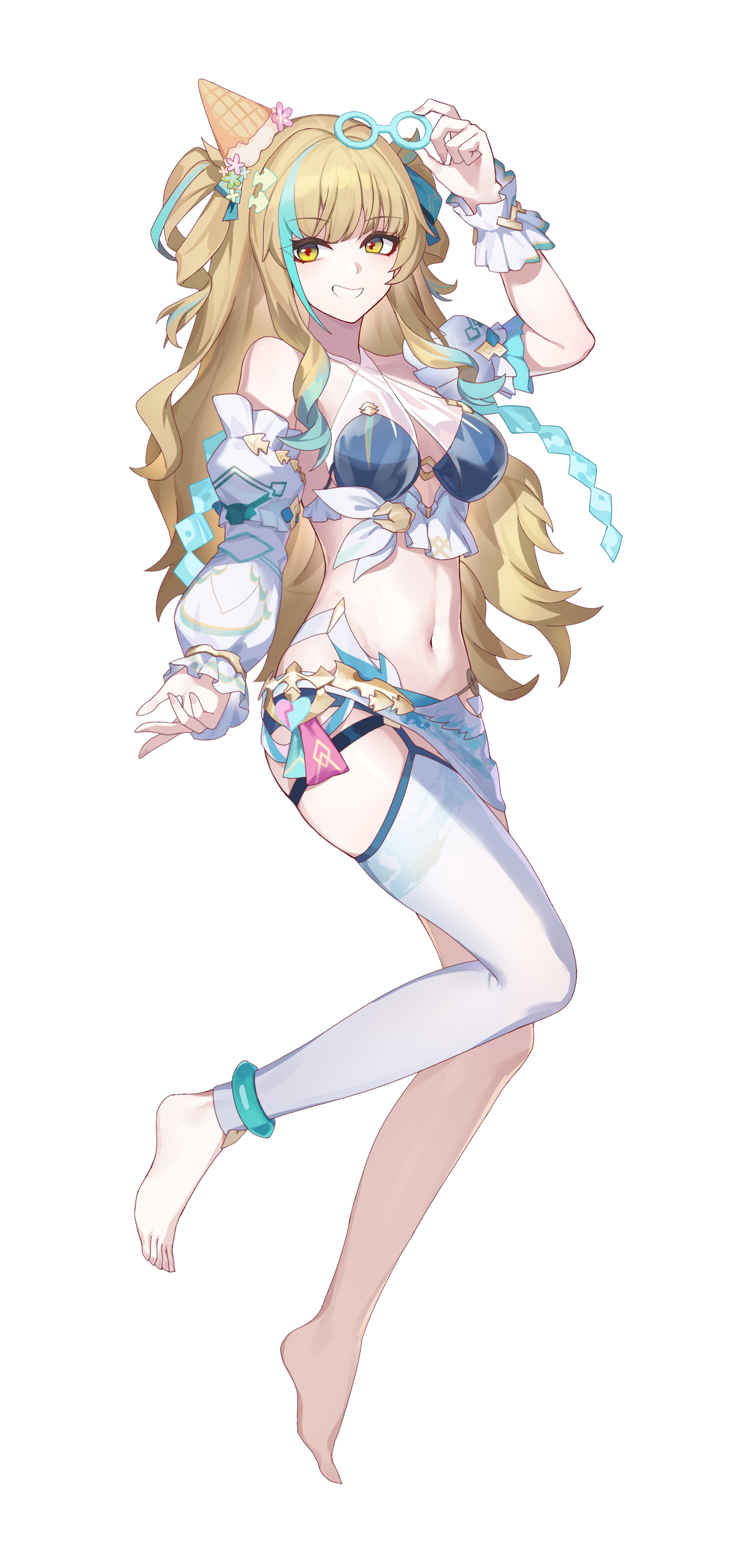 kather, songque, songque (jovial deception: shadowdimmer), honkai (series), honkai impact 3rd, absurdres, highres, 1girl, asymmetrical sleeves, bare shoulders, barefoot, bikini, blonde hair, breasts, detached sleeves, drill hair, full body, hair ornament, hand up, large breasts, long hair, long sleeves, multicolored hair, navel, official alternate costume, sarong, short sleeves, simple background, single bare leg, single thighhigh, smile, solo, songque (whitewave topper), standing, standing on one leg, streaked hair, swimsuit, thigh strap, thighhighs, uneven sleeves, very long hair, white background, white thighhighs, yellow eyes