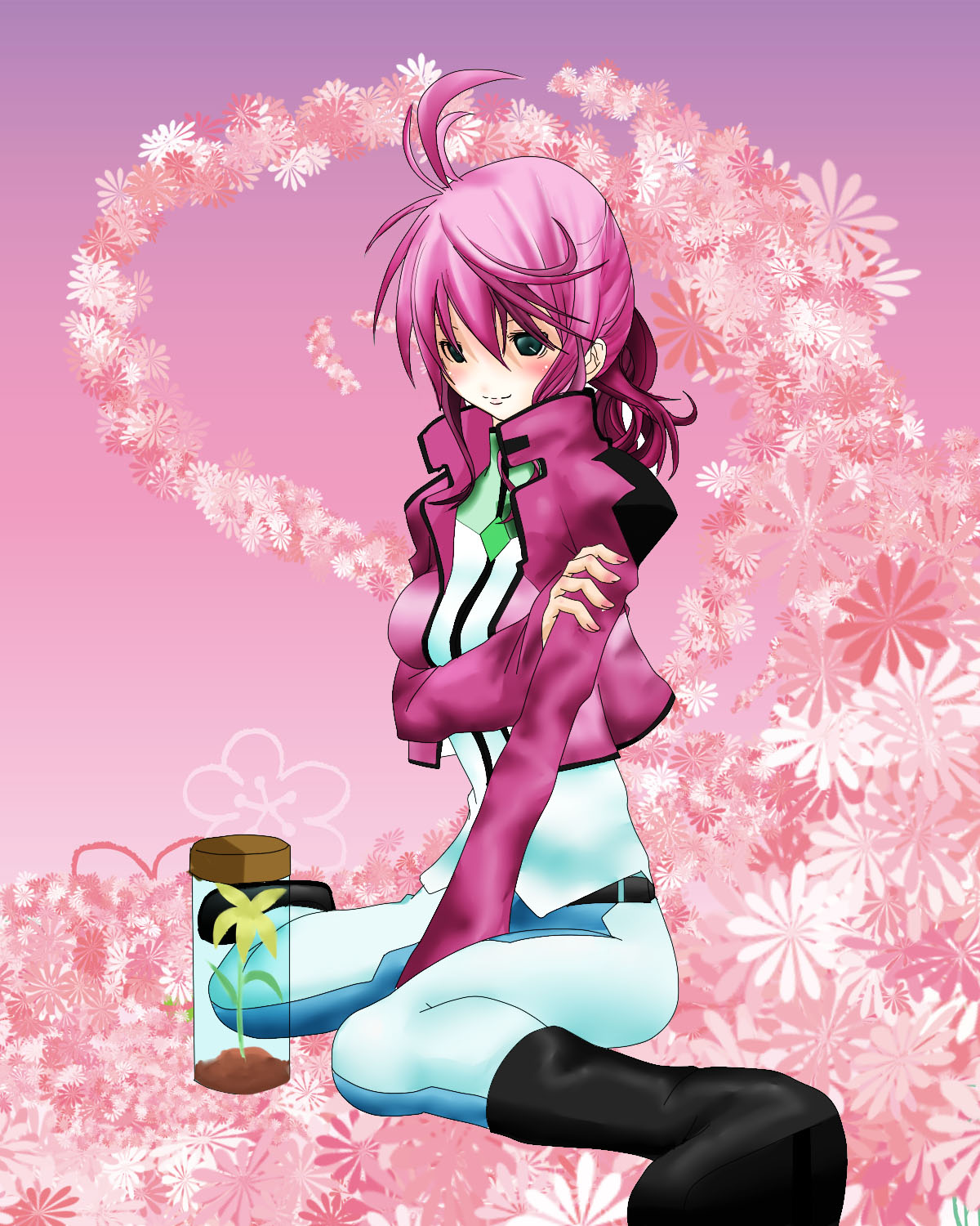 feldt grace, gundam, gundam 00, uniform, highres, 00s, 1girl, bad anatomy, bad feet, female focus, flower, green eyes, jacket, pink hair, ponytail, poorly drawn, smile, solo