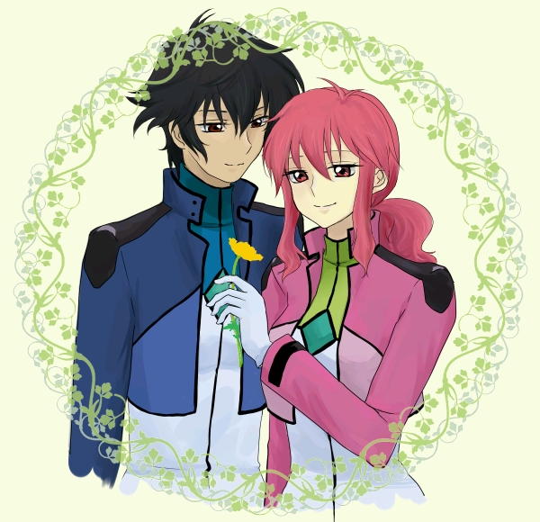 feldt grace, setsuna f. seiei, gundam, gundam 00, uniform, bad id, bad pixiv id, 00s, 1boy, 1girl, couple, flower, hetero, jacket, pink hair, ponytail, red eyes, smile