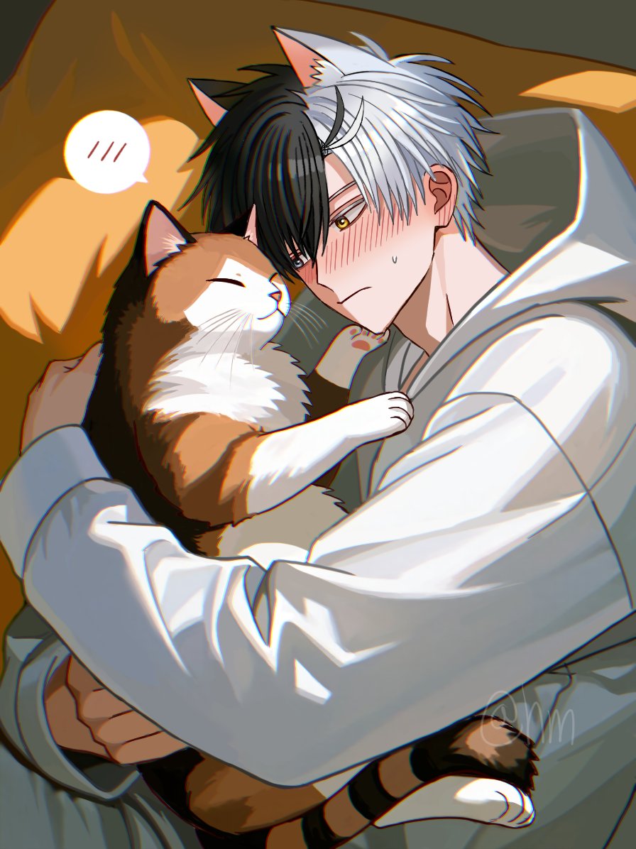hyohls2 (hamao3o), sakura haruka (wind breaker), wind breaker (nii satoru), 1boy, 1other, animal ears, black hair, brown fur, cat, cat boy, cat ears, closed eyes, grey eyes, grey hair, heterochromia, hood, hoodie, long sleeves, lying, male focus, multicolored fur, multicolored hair, short hair, split-color hair, two-tone hair, white fur, white hair, white hoodie, yellow eyes