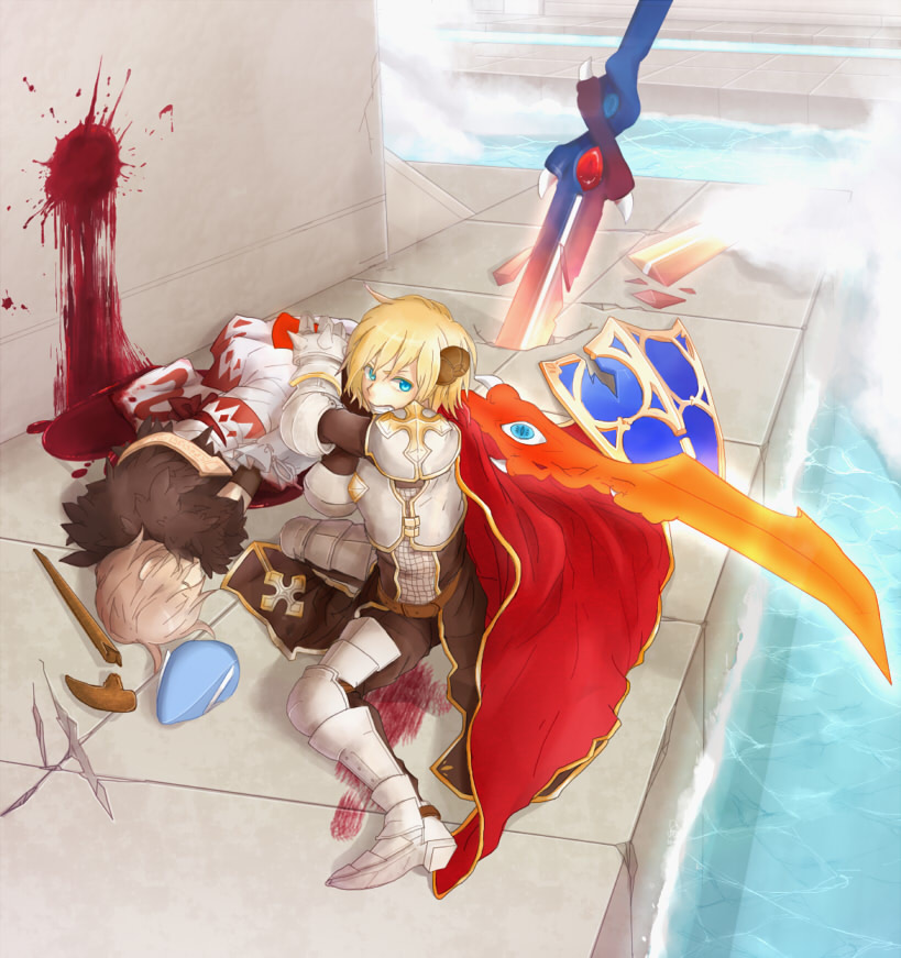 lord knight (ragnarok online), sorcerer (ragnarok online), ragnarok online, commentary request, 2boys, armor, armored boots, black tabard, blonde hair, blood, blood splatter, blood trail, blue eyes, boots, breastplate, broken, broken shield, broken staff, broken sword, broken weapon, brown hair, brown horns, cape, cross, defeat, fog, full body, fur collar, holding, holding sword, holding weapon, horns, leg armor, looking at viewer, male focus, multiple boys, on ground, pauldrons, planted, planted sword, planted weapon, red cape, shield, shirt, short hair, shoulder armor, spiked gauntlets, sword, tabard, water, weapon, white shirt, yoireme