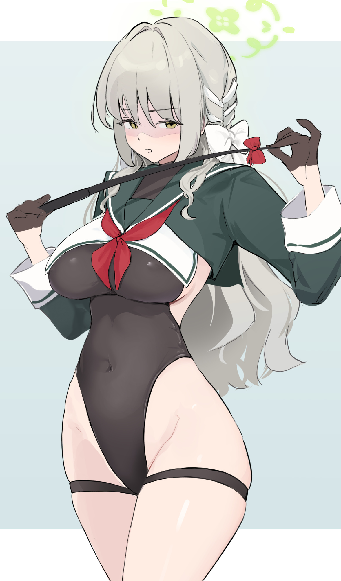 ryh4, miyo (blue archive), shimiko (blue archive), blue archive, highres, 1girl, alternate color, black gloves, black leotard, bow, breasts, cosplay, covered navel, gloves, green halo, grey hair, hair bow, half gloves, halo, highleg, highleg leotard, large breasts, leotard, long hair, long sleeves, looking at viewer, official alternate costume, shimiko (blue archive) (cosplay), shimiko (magical) (blue archive), solo, thigh strap, thighs, white bow