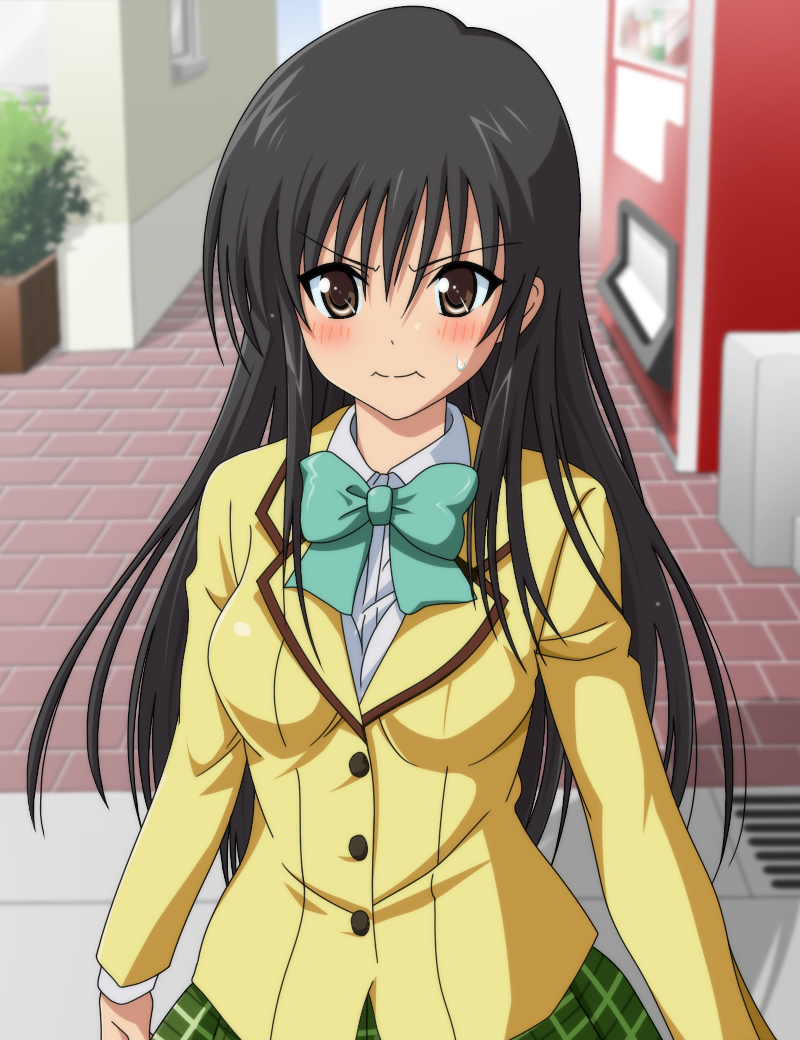 kotegawa yui, to love-ru, 00s, :t, black hair, blush, plaid clothes, plaid skirt, school uniform, skirt, solo, tsundere