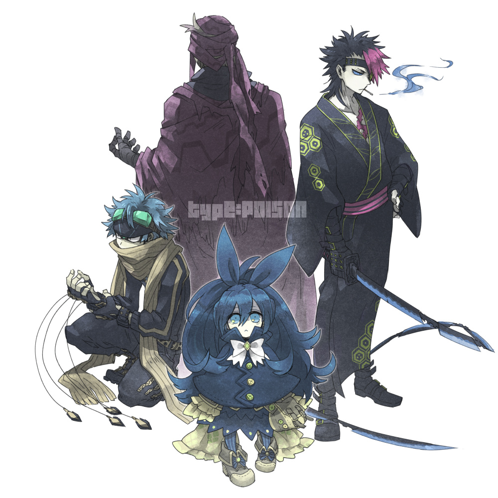 k (kuri), muk, seviper, tentacruel, trubbish, nintendo, pokemon, commentary request, :<, alternate color, aqua hair, bandaged hand, bandages, black gloves, black hair, black kimono, black scarf, black shoes, blue bow, blue eyes, blue hair, blue sclera, bow, cloak, closed mouth, colored sclera, english text, eyelashes, eyepatch, fingernails, footwear bow, from behind, gen 1 pokemon, gen 3 pokemon, gen 5 pokemon, gloves, goggles, goggles on head, green bag, green shoes, grey hair, holding, holding own wrist, holding sword, holding weapon, japanese clothes, kimono, long hair, long sleeves, multicolored hair, multiple boys, on one knee, personification, purple cloak, purple hair, purple sash, sash, scarf, scarf over mouth, shiny pokemon, shoes, short hair, simple background, smoke, smoking, standing, sword, torn cloak, torn clothes, two-tone hair, weapon, white background, white bow, yellow scarf