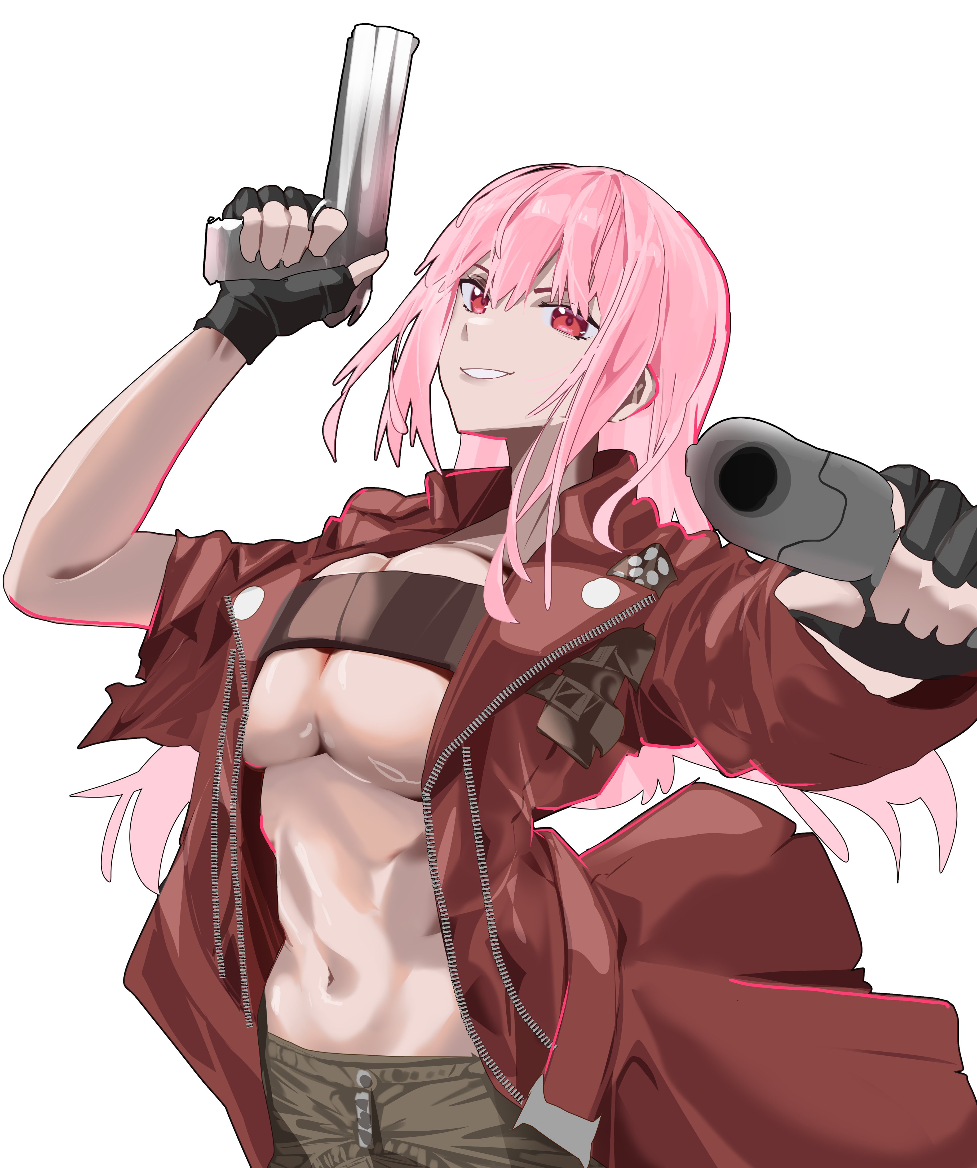 daaku (koizumi arata), dante (devil may cry), mori calliope, devil may cry, devil may cry (series), devil may cry 3, hololive, hololive english, absurdres, highres, 1girl, aiming, aiming at viewer, black gloves, breasts, cosplay, dante (devil may cry) (cosplay), ebony & ivory, fingerless gloves, gloves, gun, holding, holding gun, holding weapon, jacket, large breasts, long hair, looking at viewer, navel, pink hair, red eyes, red jacket, virtual youtuber, weapon