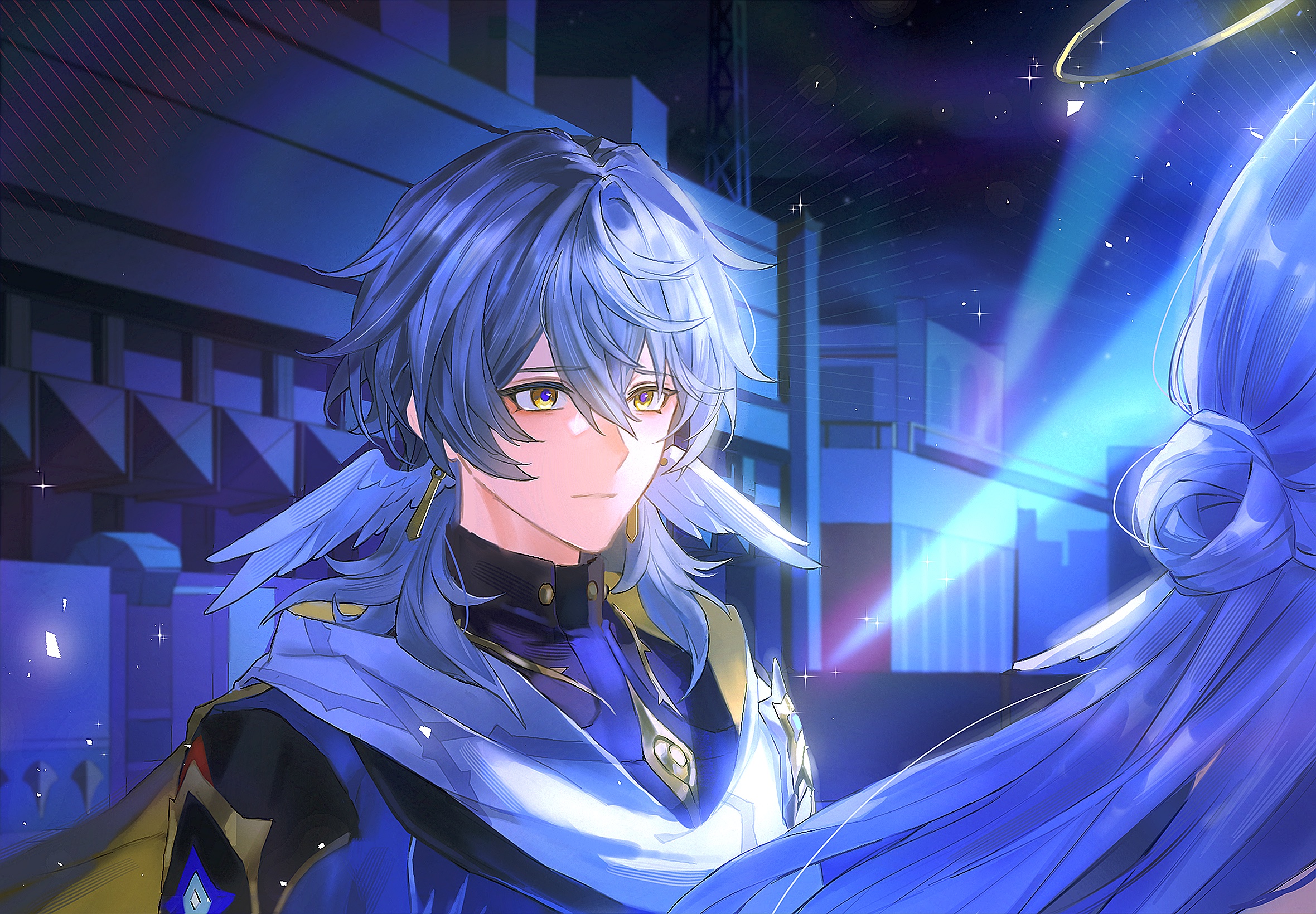 0p78xopwsj83779, robin (honkai: star rail), sunday (honkai: star rail), honkai: star rail, honkai (series), commentary, highres, 1boy, 1girl, blue jacket, blue pupils, brooch, brother and sister, building, closed mouth, earrings, feathered wings, gold earrings, grey hair, hair between eyes, hair bun, half updo, halo, head wings, jacket, jewelry, long hair, looking at another, male focus, medium hair, night, no halo, out of frame, outdoors, piercing, purple hair, purple shirt, scarf, shirt, siblings, thorn print, turtleneck, turtleneck shirt, two-sided scarf, upper body, white scarf, white wings, wing piercing, wings, yellow eyes