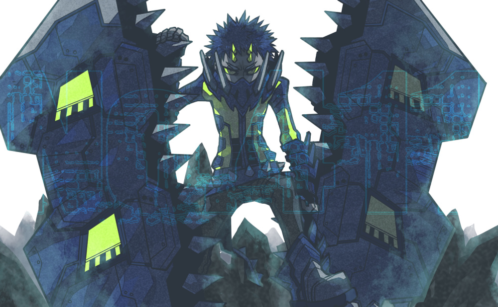 k (kuri), bastiodon, nintendo, pokemon, commentary request, 1boy, alternate color, black hair, boots, colored sclera, colored skin, covered mouth, fingernails, gen 4 pokemon, green sclera, grey skin, long sleeves, male focus, pants, personification, shiny pokemon, shirt, short hair, simple background, solo, spiked belt, spiked hair, spikes, v-shaped eyebrows, white background