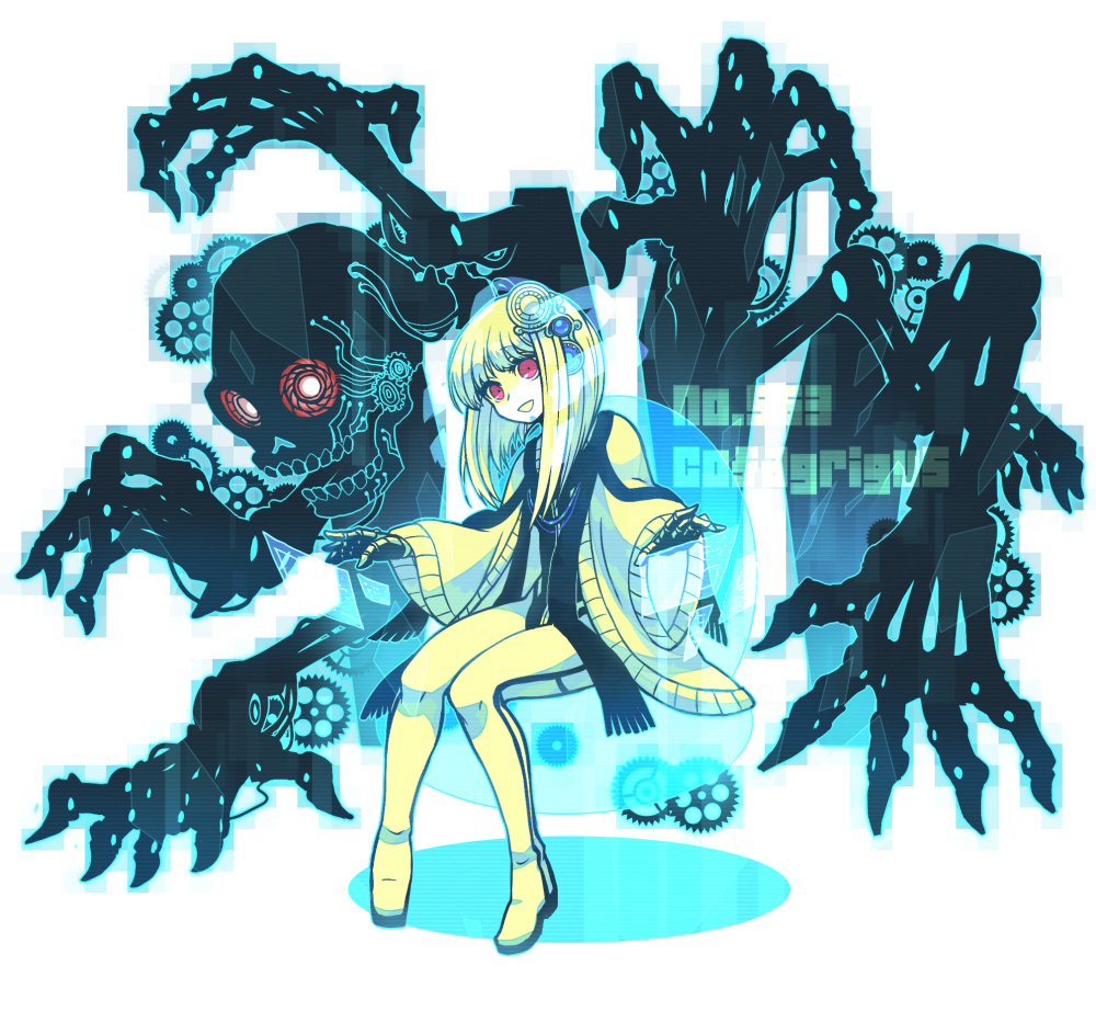 k (kuri), cofagrigus, nintendo, pokemon, commentary request, 1girl, :d, bandaged hand, bandages, blonde hair, character name, gears, gen 5 pokemon, hair ornament, long hair, long sleeves, open mouth, personification, pokedex number, red eyes, sitting, skeleton, smile