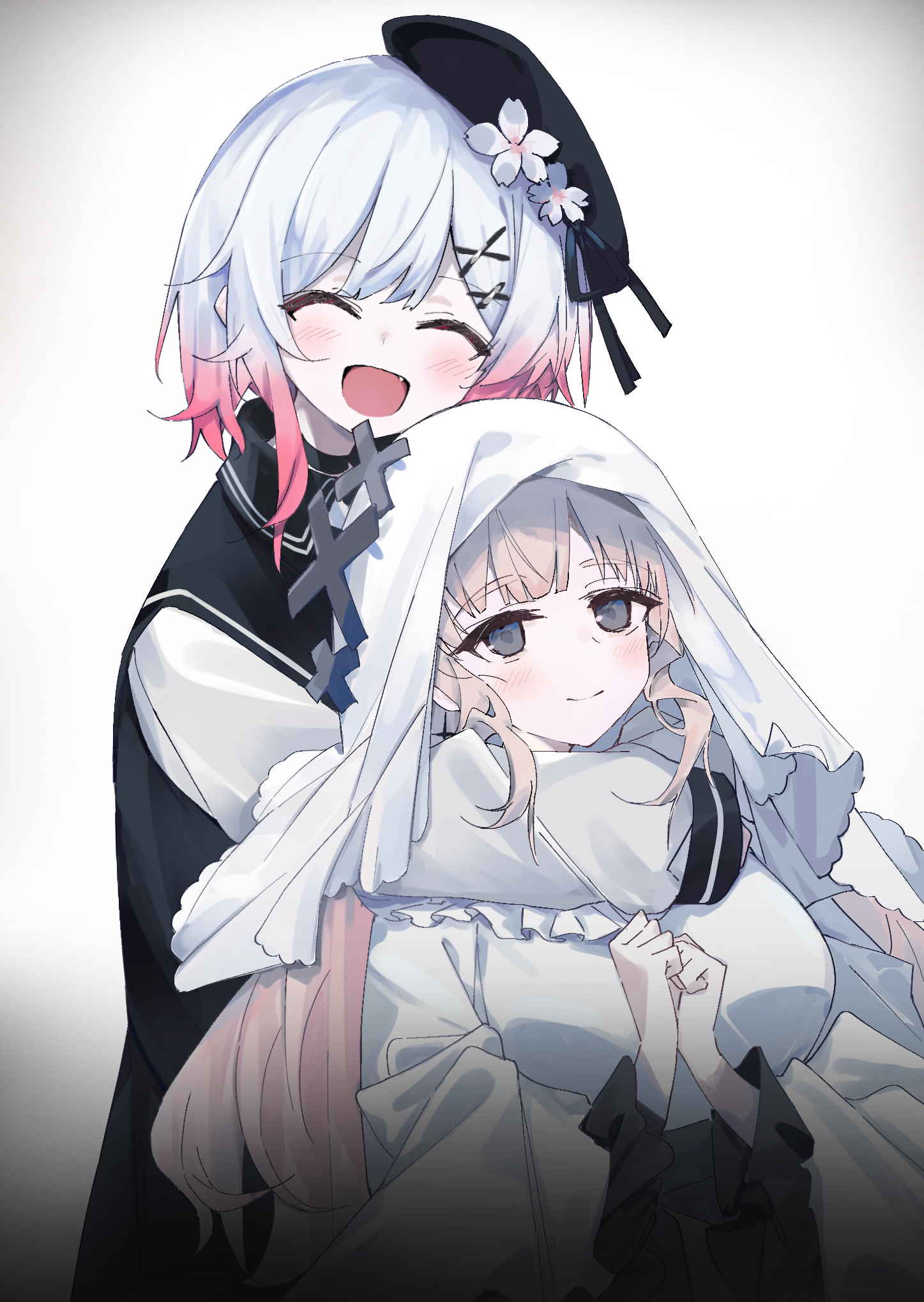 dice choco, hikami meruru, sakuraba ema, mahou shoujo no majo saiban, highres, 2girls, :d, ^ ^, beret, black hat, blonde hair, blush, breasts, closed eyes, dress, fang, flower, frilled dress, frills, gloves, gradient hair, hair ornament, hands up, hat, hat flower, hug, hug from behind, large breasts, long hair, long sleeves, multicolored hair, multiple girls, open mouth, own hands together, pink hair, priestess, short hair, simple background, smile, upper body, veil, white dress, white flower, white gloves, white hair, white veil, x hair ornament
