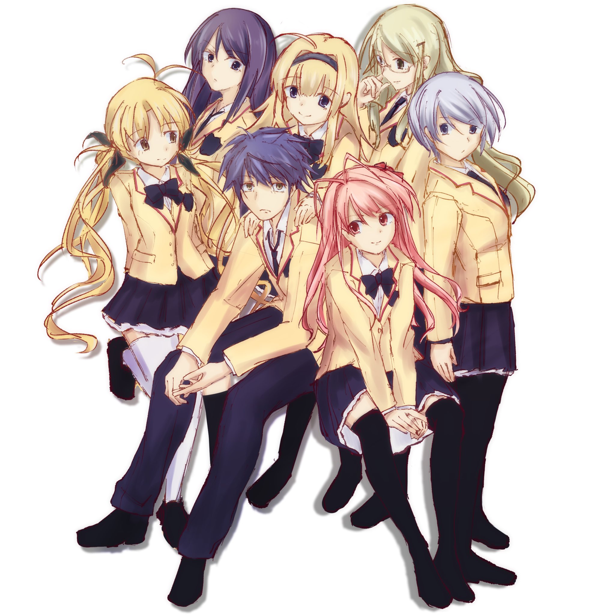 aoi sena, kishimoto ayase, kusunoki yua, nishijou nanami, nishijou takumi, orihara kozue, sakihata rimi, chaos;head, science adventure, highres, 1boy, 6+girls, ahoge, blazer, blonde hair, blue eyes, blue hair, bow, bowtie, brother and sister, cheren r, everyone, glasses, green eyes, hair ornament, hair ribbon, hairband, hairclip, jacket, long hair, long sleeves, looking at viewer, miniskirt, multiple girls, necktie, open mouth, pantyhose, pink hair, pleated skirt, purple eyes, purple hair, ribbon, school uniform, shoes, short hair, siblings, simple background, sitting, skirt, smile, suimei academy school uniform, thighhighs, white thighhighs, yellow eyes, zettai ryouiki