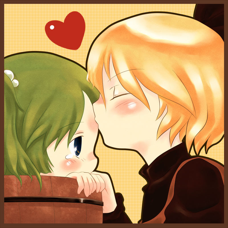 atoki, kisume, kurodani yamame, touhou, 2girls, blonde hair, blush, bucket, closed eyes, female focus, green hair, heart, in bucket, in container, kiss, kissing forehead, multiple girls, profile, simple background, yuri