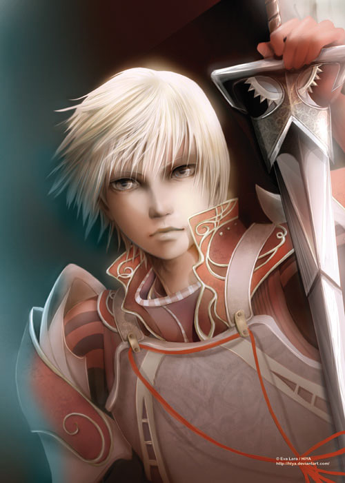 eva lara, hunter of tales, artist request, gender request, androgynous, armor, blonde hair, grey eyes, knight, solo, sword, weapon