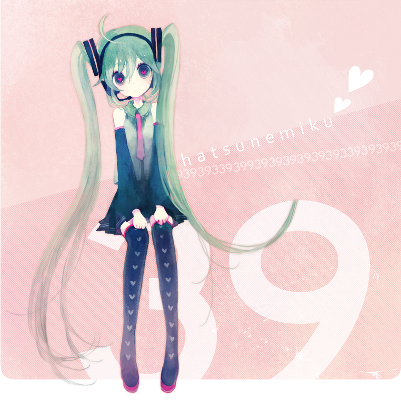 pechika, hatsune miku, vocaloid, bad id, bad pixiv id, ahoge, aqua hair, bare shoulders, boots, detached sleeves, frown, headset, heart, long hair, necktie, sitting, skirt, solo, thigh boots, thighhighs, twintails, very long hair