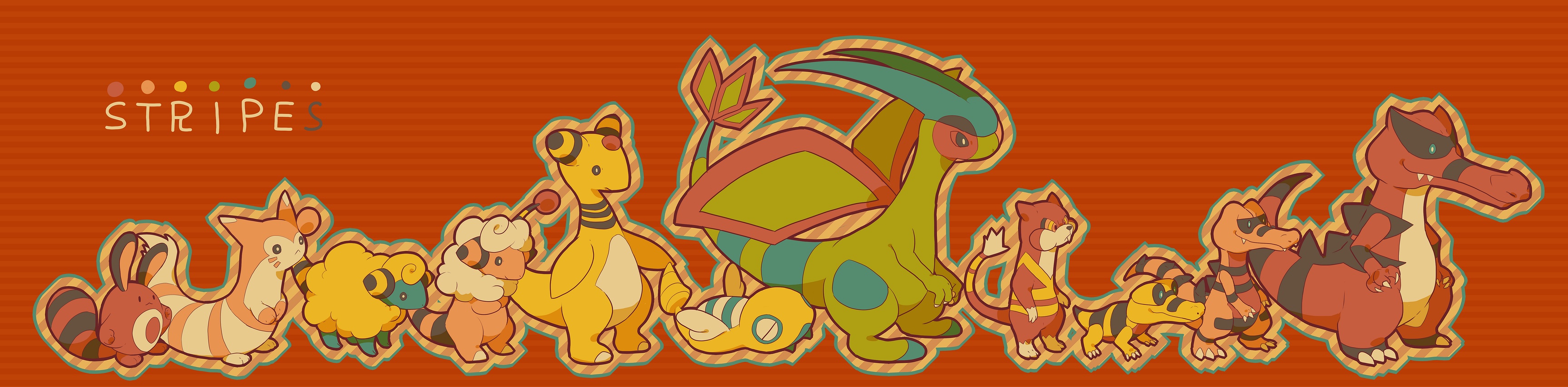 hinekure, ampharos, dunsparce, flaaffy, flygon, furret, krokorok, krookodile, mareep, sandile, sentret, watchog, nintendo, pokemon, absurdres, commentary request, highres, long image, wide image, closed eyes, closed mouth, english text, evolutionary line, fangs, gen 2 pokemon, gen 3 pokemon, gen 5 pokemon, no humans, outline, pokemon (creature), pokemon focus, red background, smile, striped background, trait connection, wings