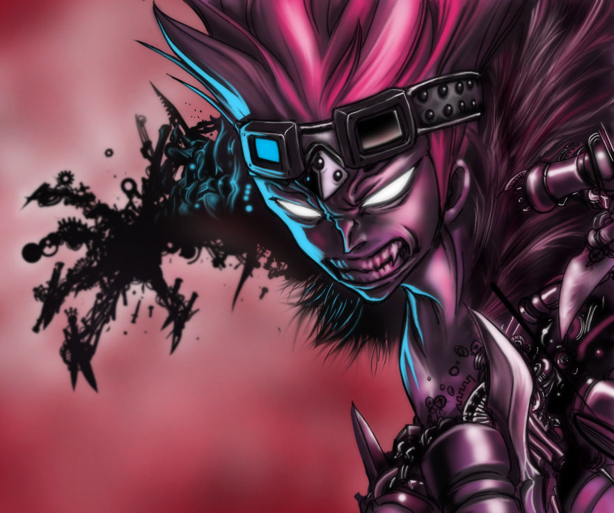 junshi (junbox), eustass kid, one piece, 1boy, fangs, fighting stance, frown, fur jacket, gears, glowing, glowing eyes, goggles, goggles on head, gun, jacket, jacket on shoulders, looking at viewer, male focus, red hair, solo, sword, teeth, washer, weapon