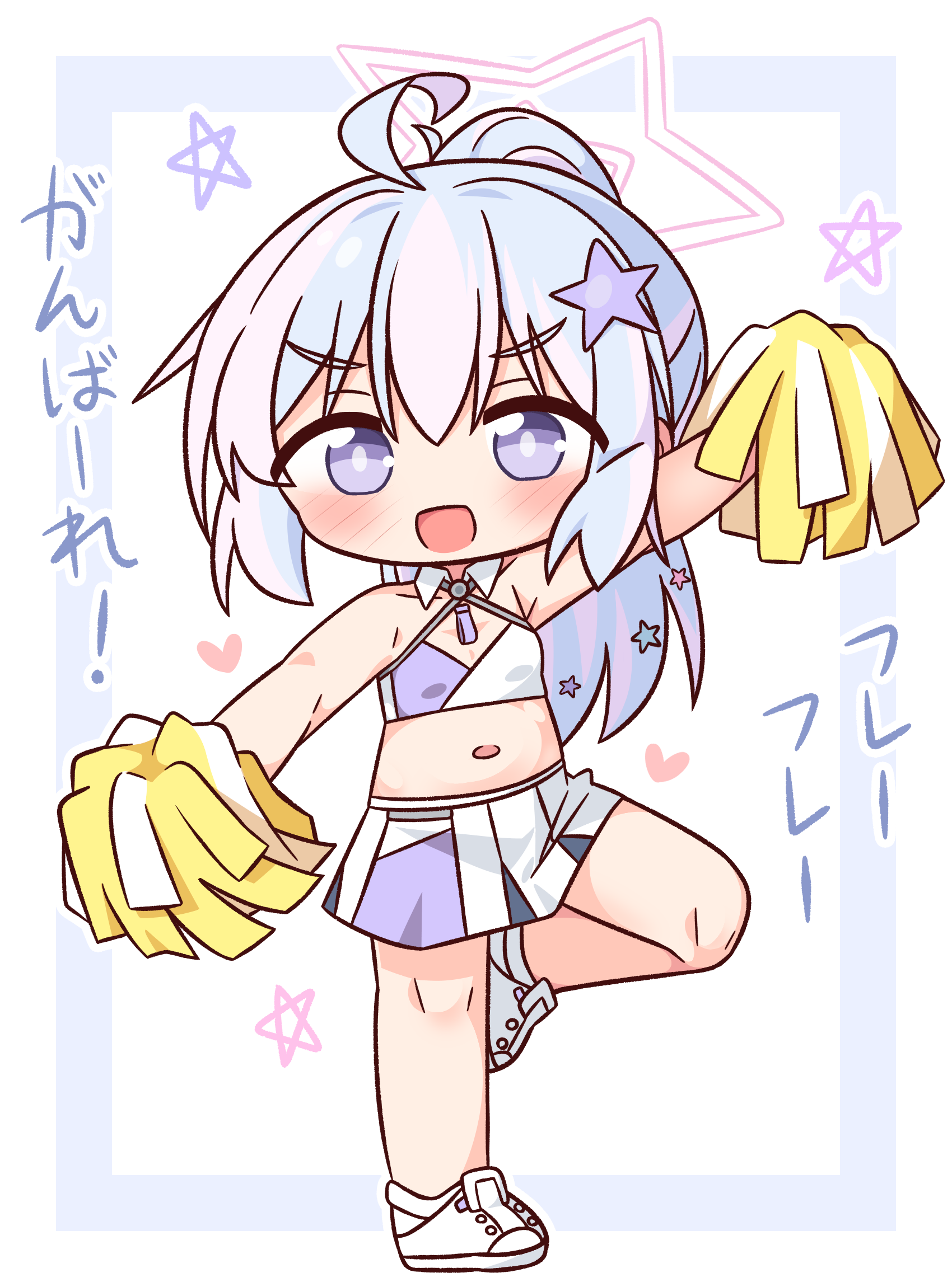 hana kazari, reisa (blue archive), blue archive, commentary request, highres, translation request, 1girl, :d, ahoge, bare arms, bare shoulders, blue hair, blush, cheerleader, crop top, full body, halo, holding, holding pom poms, long hair, looking at viewer, midriff, multicolored hair, navel, open mouth, pink hair, pink halo, pleated skirt, pom pom (cheerleading), pom poms, ponytail, purple eyes, shirt, shoes, skirt, sleeveless, sleeveless shirt, smile, solo, standing, standing on one leg, star halo, two-tone hair, white background, white shoes, white skirt