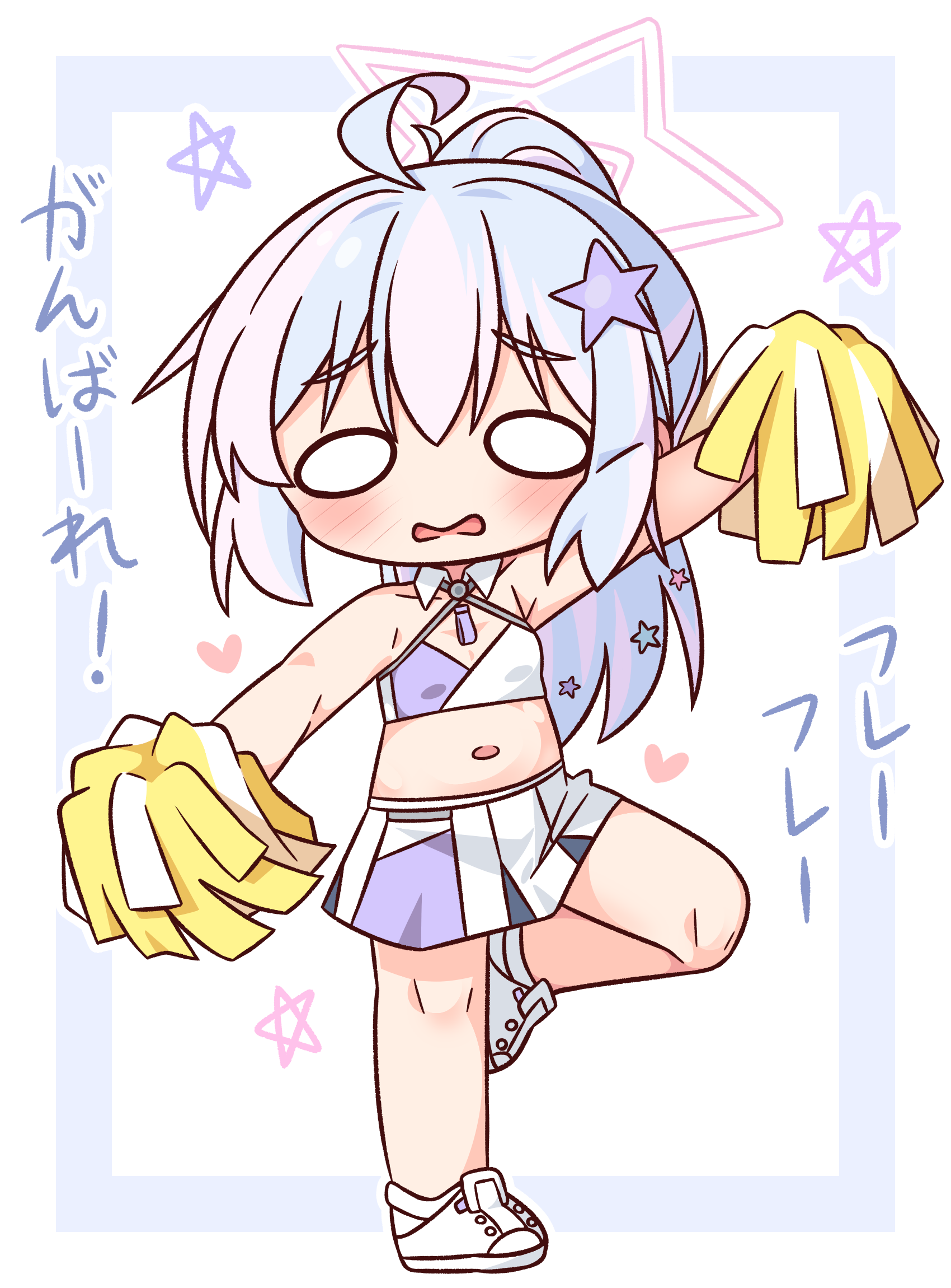 hana kazari, reisa (blue archive), blue archive, commentary request, highres, translation request, 1girl, ahoge, bare arms, bare shoulders, blue hair, blush, cheerleader, crop top, full body, halo, holding, holding pom poms, long hair, looking at viewer, midriff, multicolored hair, navel, o o, open mouth, pink hair, pink halo, pleated skirt, pom pom (cheerleading), pom poms, ponytail, shirt, shoes, skirt, sleeveless, sleeveless shirt, solo, standing, standing on one leg, star halo, two-tone hair, white background, white shoes, white skirt