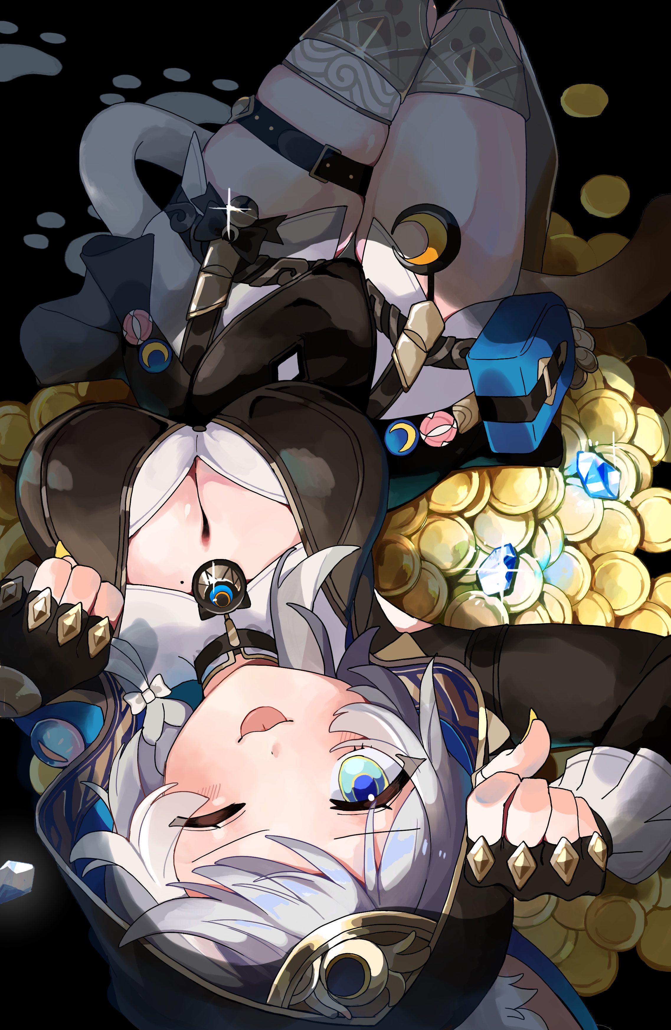 tukuti, cipher (honkai: star rail), honkai: star rail, honkai (series), absurdres, highres, 1girl, ;o, animal ear fluff, animal ears, animal hood, black gloves, black leotard, blue eyes, boots, breasts, cat ears, cat girl, cat hood, cat tail, cleavage, coin, fingerless gloves, gloves, gold boots, gold coin, grey hair, hood, large breasts, leotard, looking at viewer, lying, on stomach, one eye closed, short hair with long locks, shorts, solo, tail, thighs, treasure, white shorts