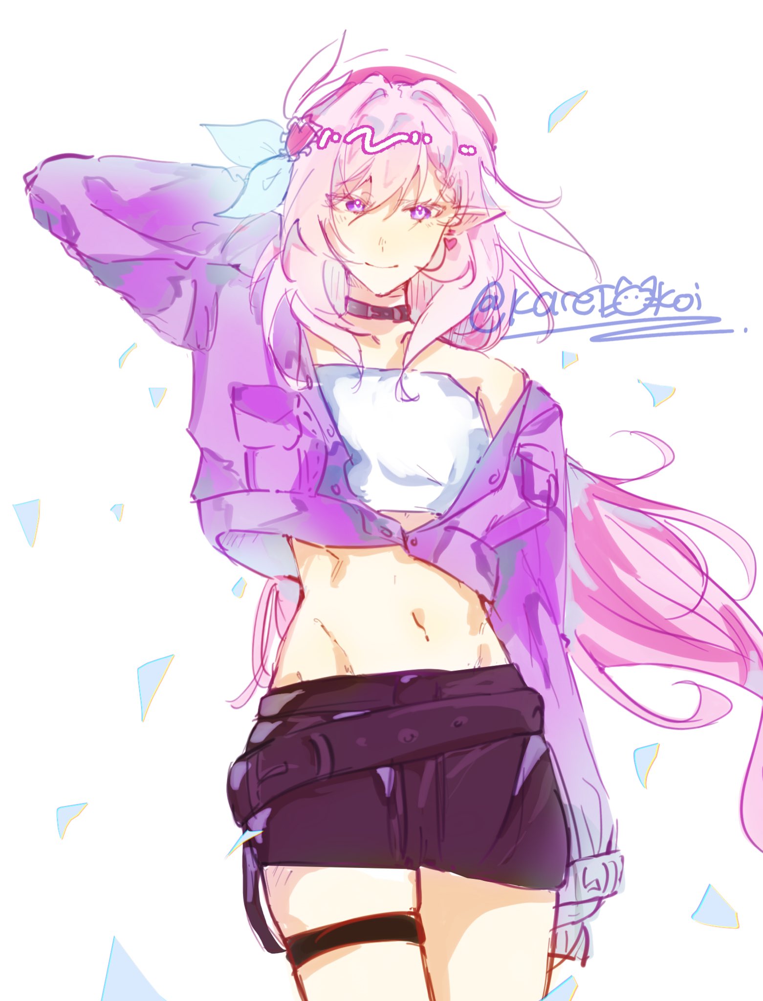 karetokoi, elysia (hi love elf) (honkai impact), elysia (honkai impact), honkai (series), honkai impact 3rd, commentary, english commentary, highres, 1girl, alternate costume, belt collar, beret, breasts, collar, cowboy shot, diamond-shaped pupils, diamond (shape), earrings, elf, hat, heart, heart earrings, jacket, jewelry, long hair, medium breasts, midriff, multicolored hair, navel, pink hair, pink jacket, pointy ears, purple eyes, purple shorts, short shorts, shorts, smile, solo, symbol-shaped pupils, tank top, thigh strap, thighs, twitter username, two-tone hair, very long hair, white hair, white tank top