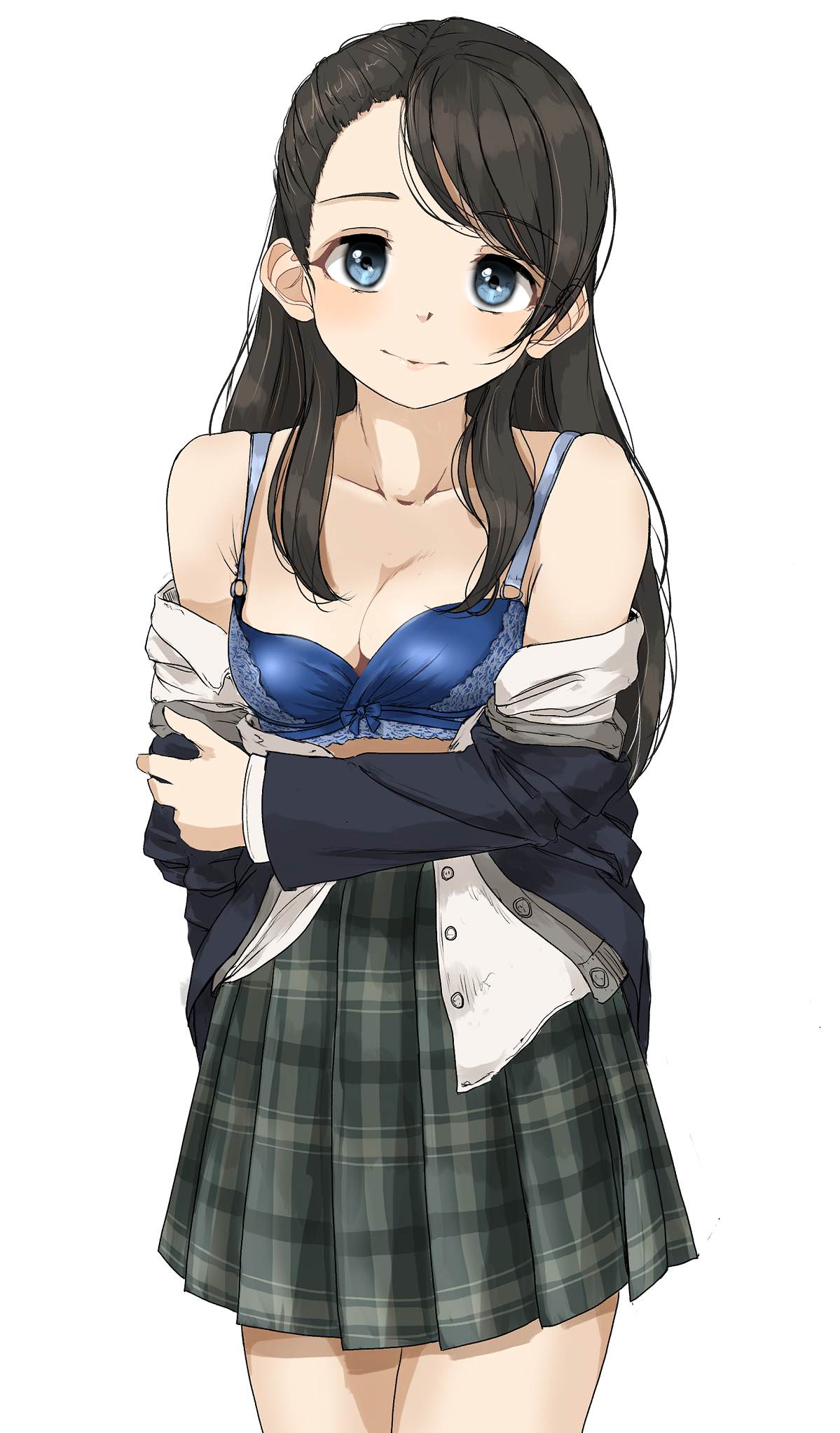 gatsby ssl, kurihara nene, idolmaster, idolmaster cinderella girls, highres, 1girl, bare shoulders, black hair, blue bra, blue eyes, bra, breasts, cleavage, collarbone, half updo, long hair, medium breasts, school uniform, skirt, underwear