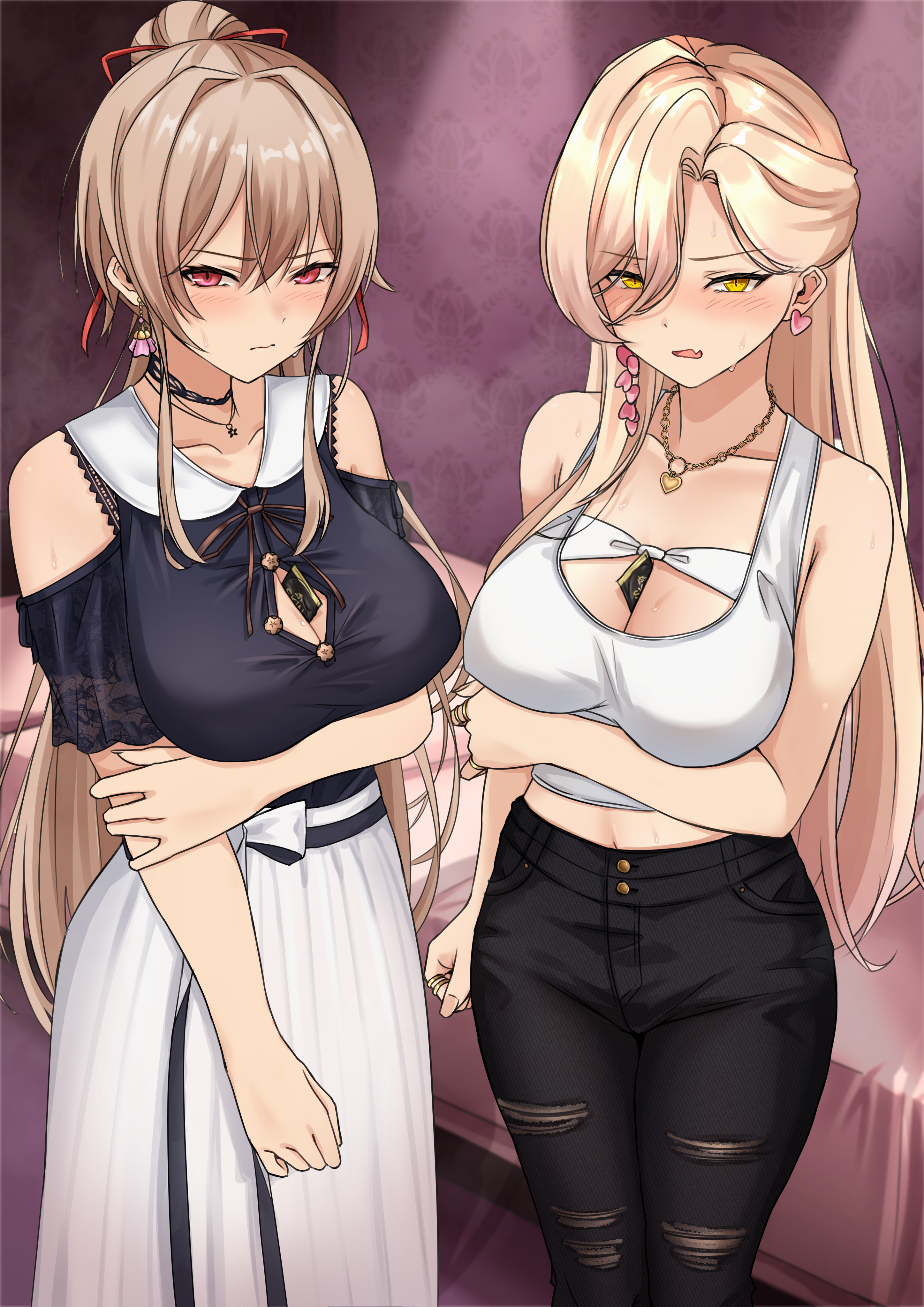 ekibyoudayo, furen e lustario, nui sociere, nijisanji, absurdres, commentary request, highres, 2girls, arm under breasts, bedroom, between breasts, black pants, black shirt, breasts, brown hair, cleavage, collarbone, condom, condom wrapper, crop top, earrings, heart, heart earrings, high ponytail, jewelry, large breasts, long hair, looking at viewer, midriff, multiple girls, necklace, pants, ponytail, shirt, skirt, tank top, torn clothes, torn pants, v-shaped eyebrows, very long hair, virtual youtuber, white skirt, white tank top, yellow eyes