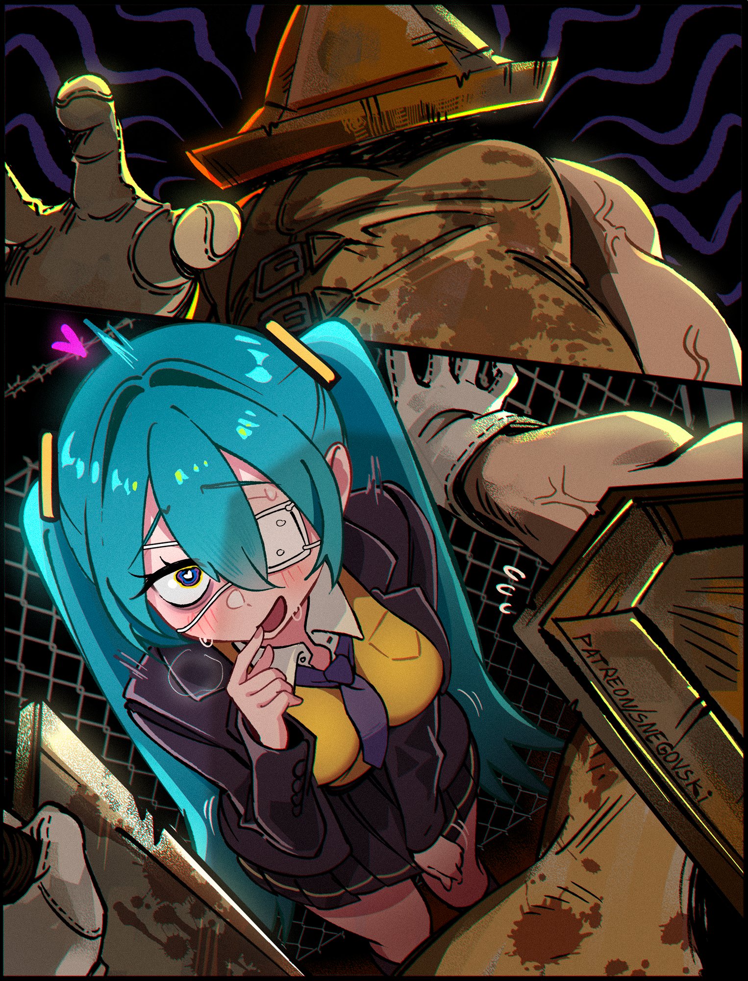 snegovski, great knife, hatsune miku, pyramid head, monitoring (vocaloid), silent hill (series), silent hill 2, highres, 1girl, aqua hair, blood, blush, eyepatch, female pov, from above, from below, hair between eyes, heart, heart-shaped pupils, long sleeves, medical eyepatch, monster, muscular, muscular male, necktie, nervous sweating, object head, open mouth, patreon username, pov, skirt, sweat, symbol-shaped pupils, thick arms, veins, veiny arms