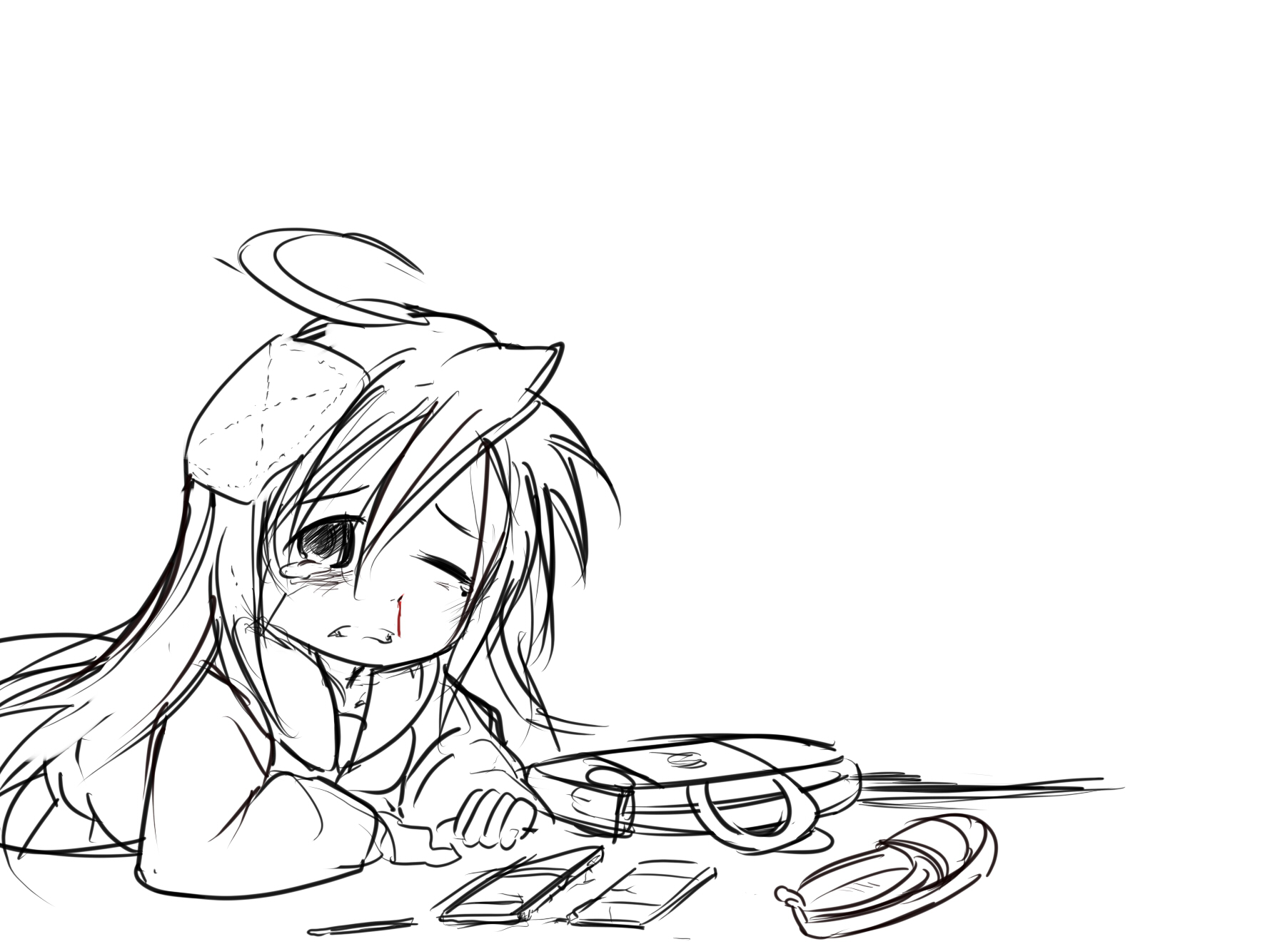 sne, izumi konata, lucky star, bad id, bad pixiv id, highres, 00s, 1girl, ahoge, blood, broken, bullying, female focus, greyscale, handheld game console, long hair, mole, mole under eye, monochrome, nintendo ds, nosebleed, school uniform, serafuku, sketch, solo, tears
